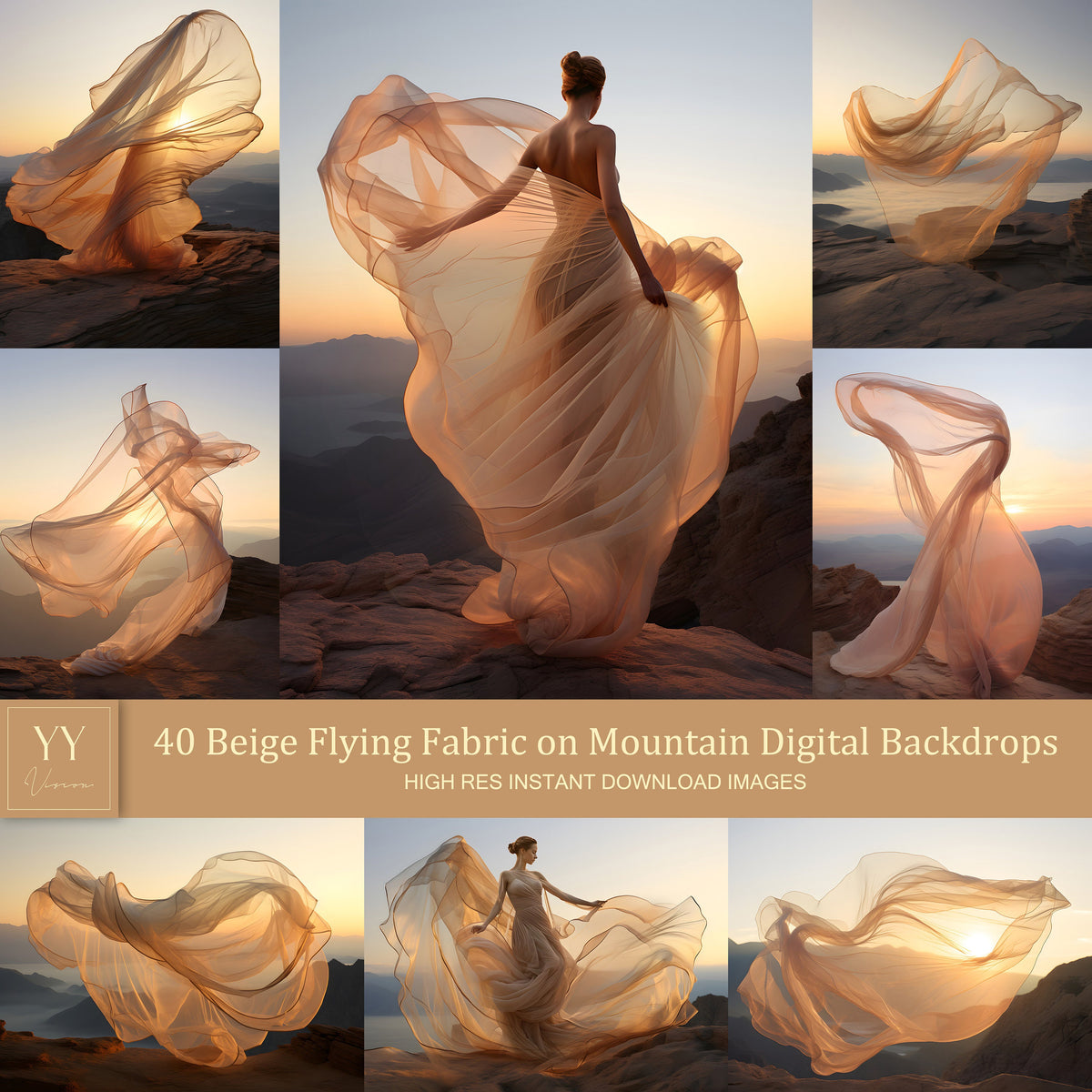 40 Beige fliegende Seidenstoffe auf Berg digitale Hintergründe Sets für Schwangerschaftsfotografie Fine Arts Hochzeit Studio Photoshop Hintergrund