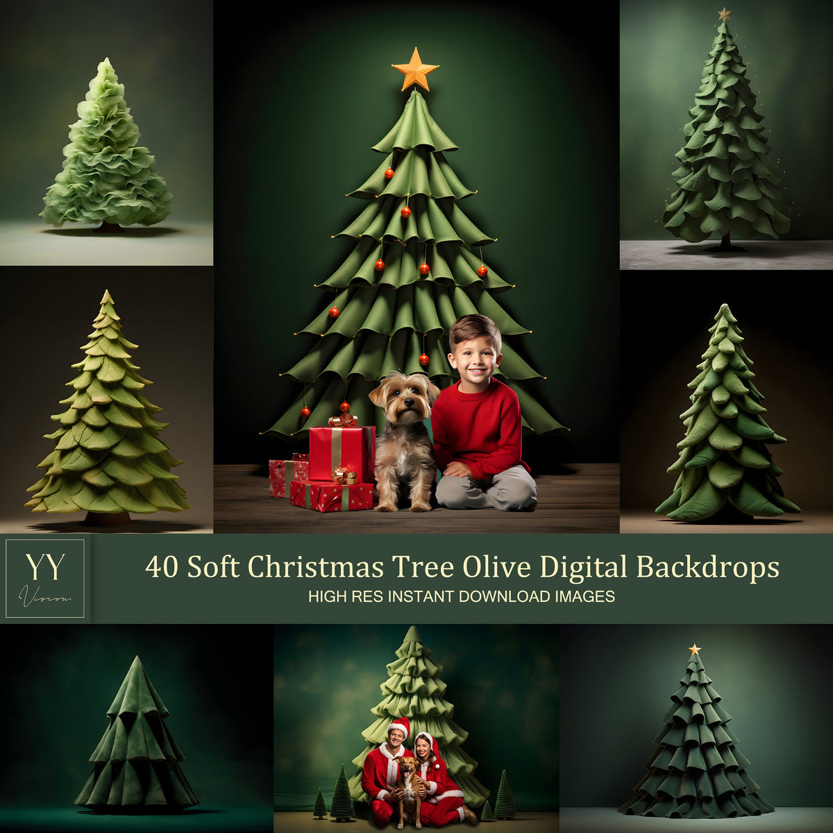 40 Soft Christmas Tree Olive Green Digital Backdrops Sets for Christmas Holiday Photography Fine Arts Studio Background