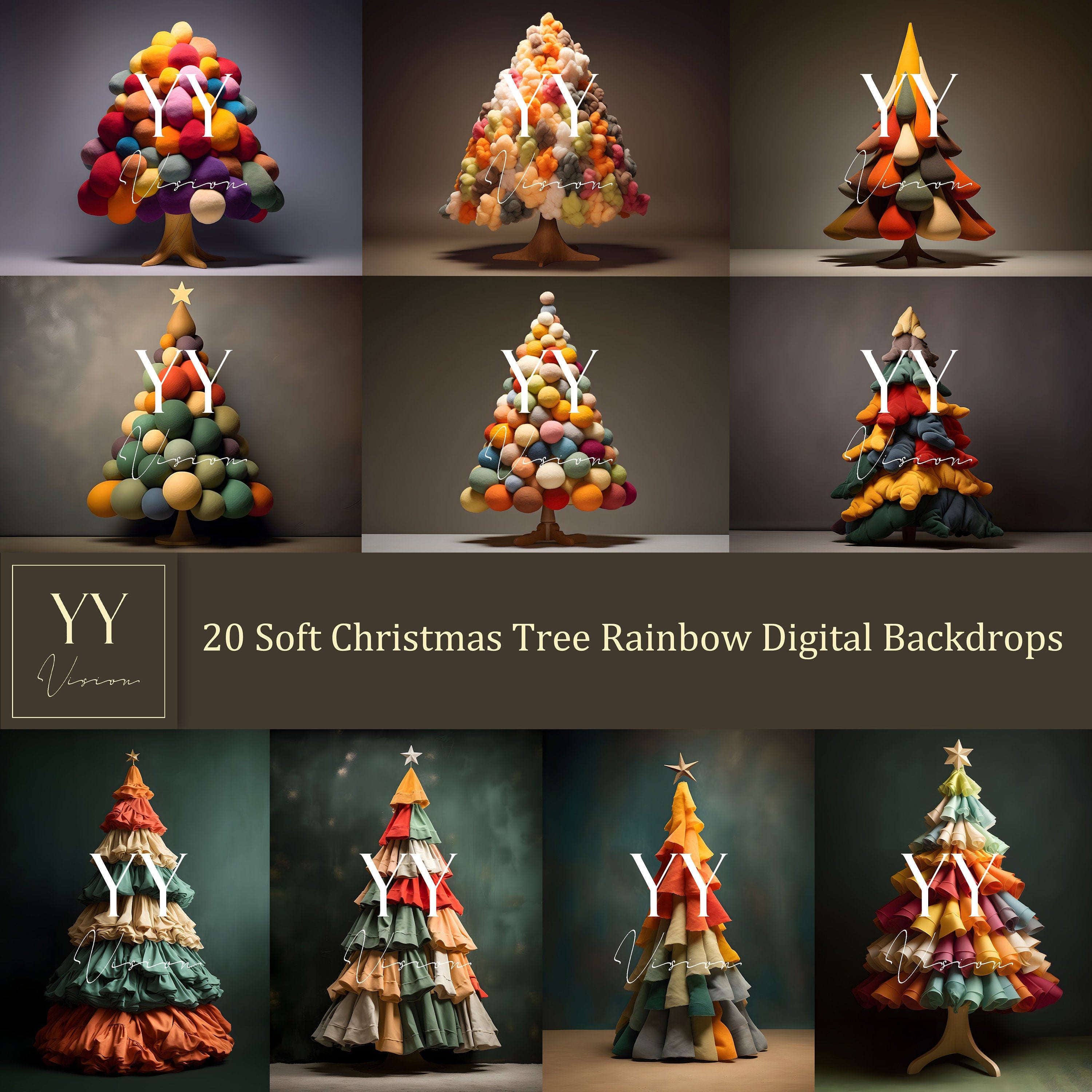 20 Soft Christmas Tree Rainbow Digital Backdrops Sets for Christmas Holiday Photography Fine Arts Studio Background