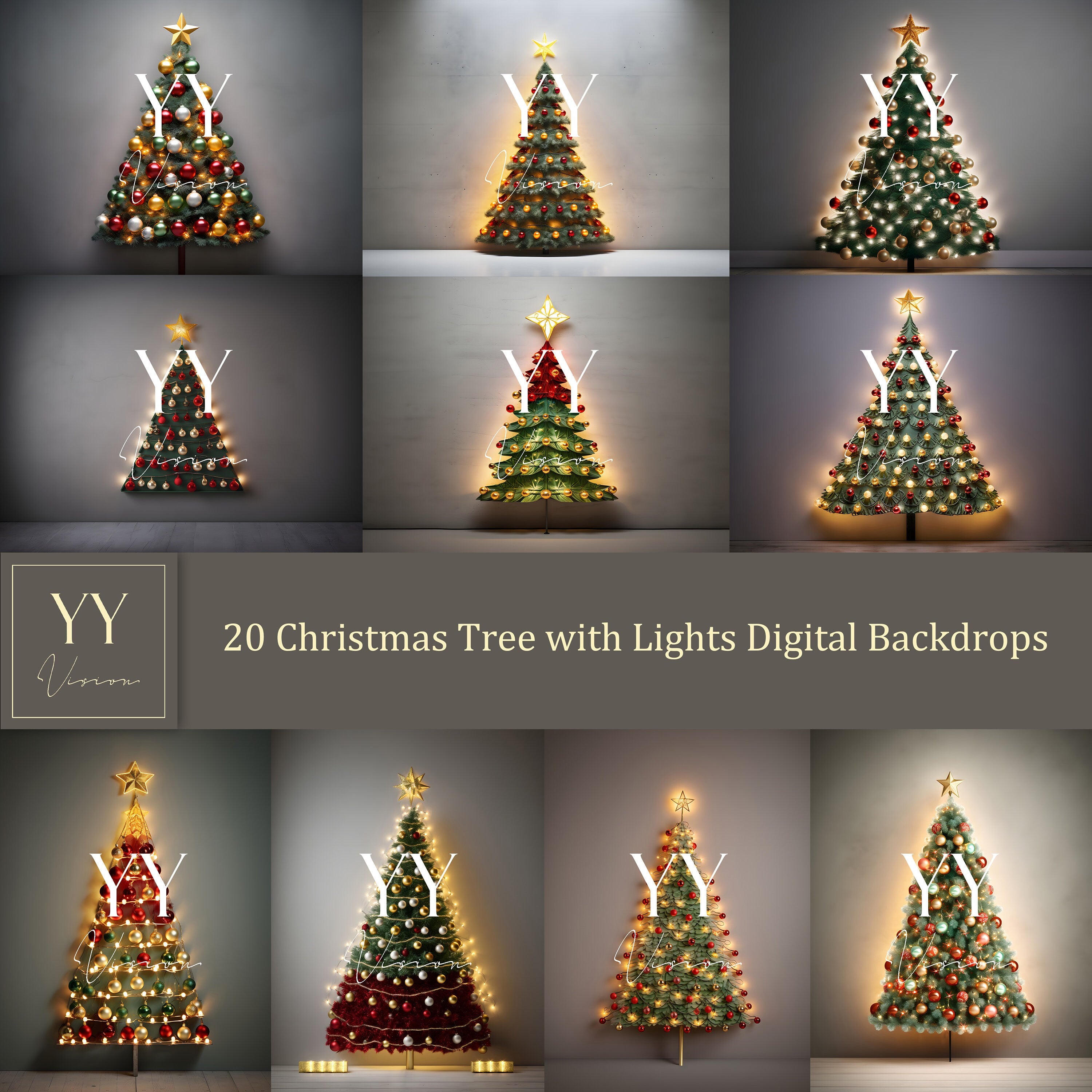 20 Weihnachtsbaum mit Lichtern Digitale Hintergründe Sets für Weihnachtsferien Fotografie Fine Arts Studio Hintergrund