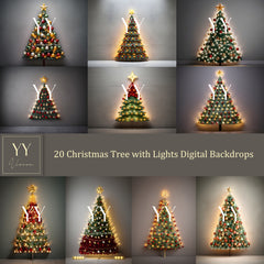 20 Christmas Tree with Lights Digital Backdrops Sets for Christmas Holiday Photography Fine Arts Studio Background