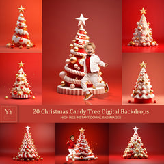 20 Weihnachts-Süßigkeiten-Baum-rote digitale Hintergründe-Sets für Weihnachtsferien-Fotografie Fine Arts Studio-Hintergrund