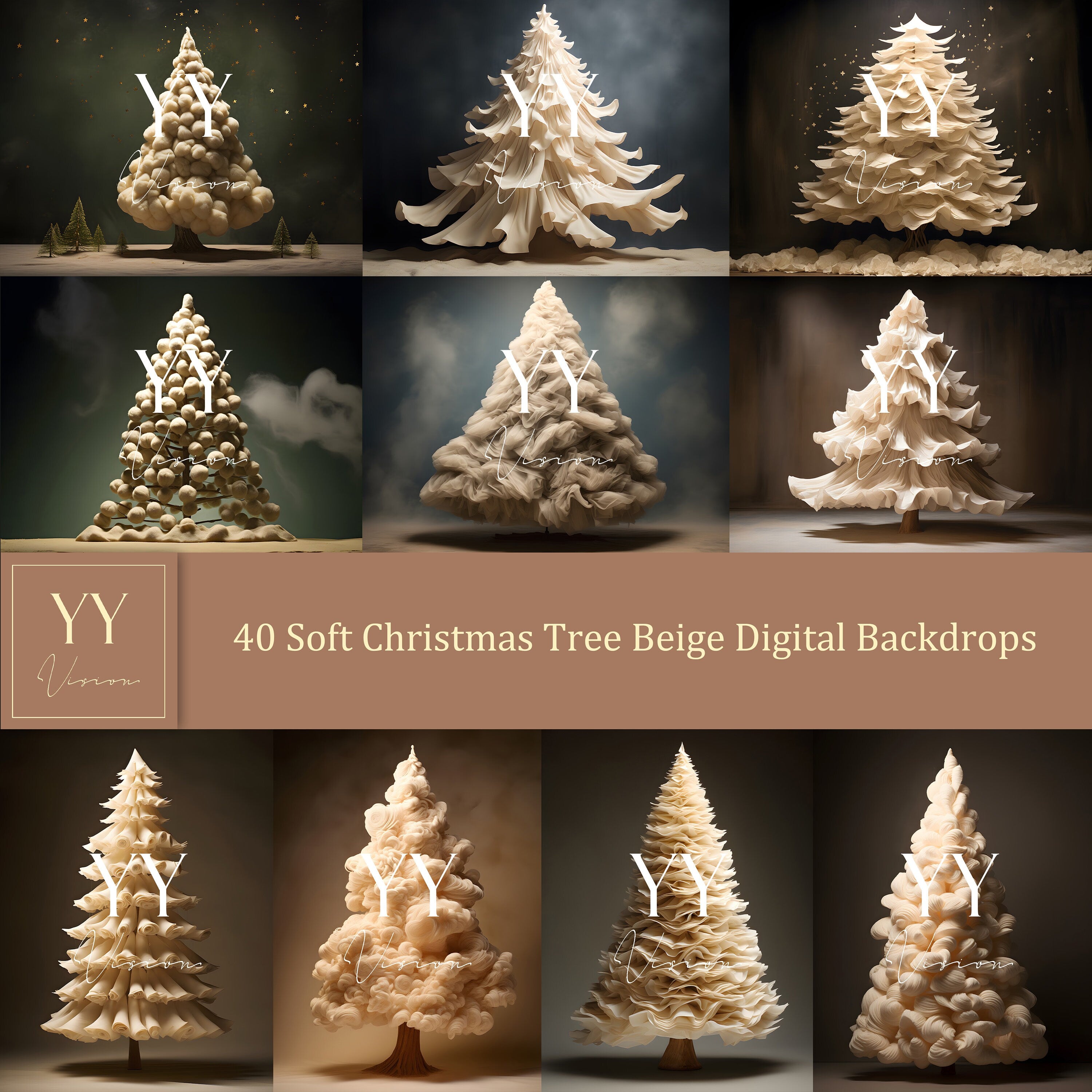 40 Soft Christmas Tree Beige Digital Backdrops Sets for Christmas Holiday Photography Fine Arts Studio Background