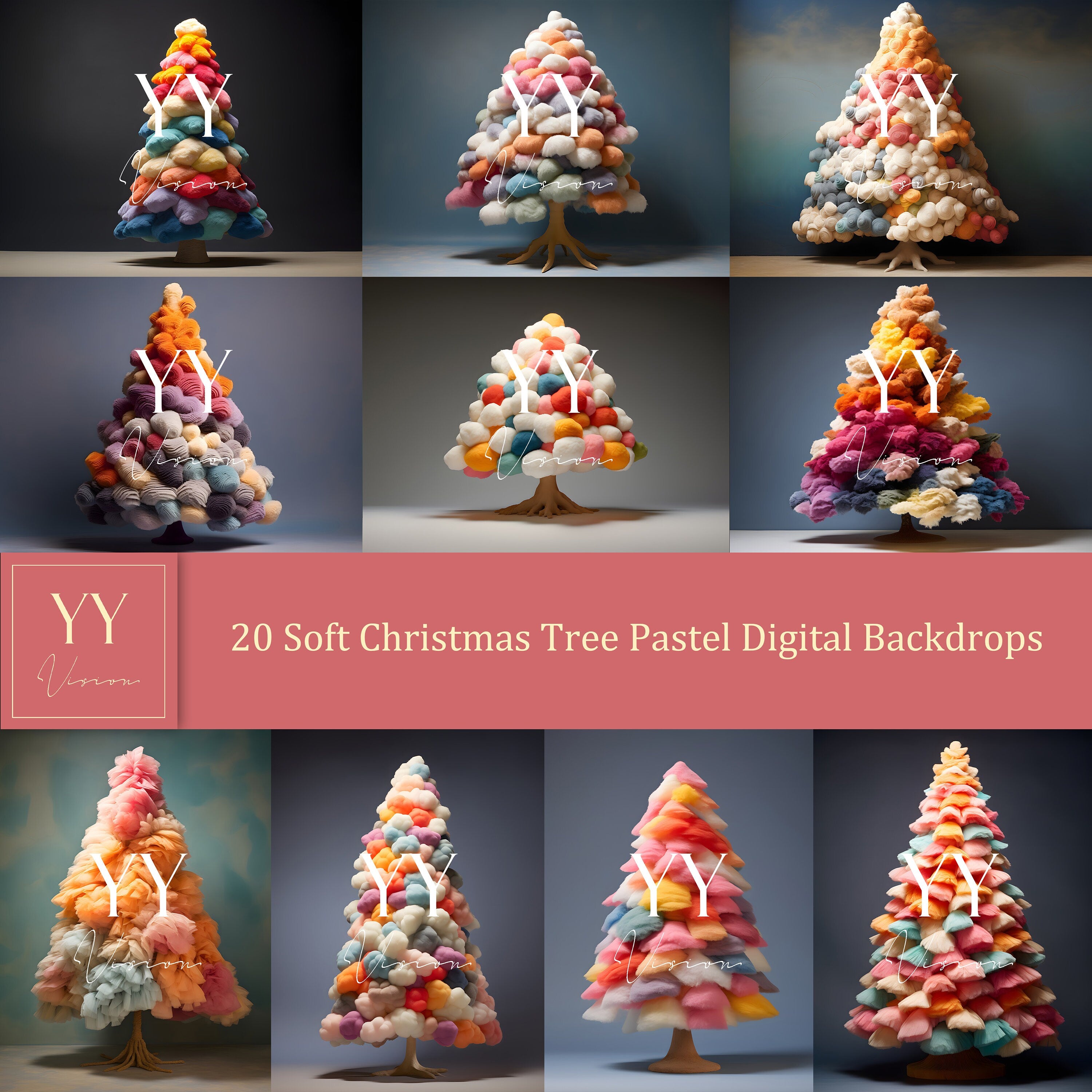 20 Soft Christmas Tree Pastel Digital Backdrops Sets for Christmas Holiday Photography Fine Arts Studio Background