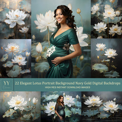 22 Elegant Lotus Portrait Background Navy Gold Digital Backdrops Sets for Maternity Photography Fine Arts Texture Photoshop