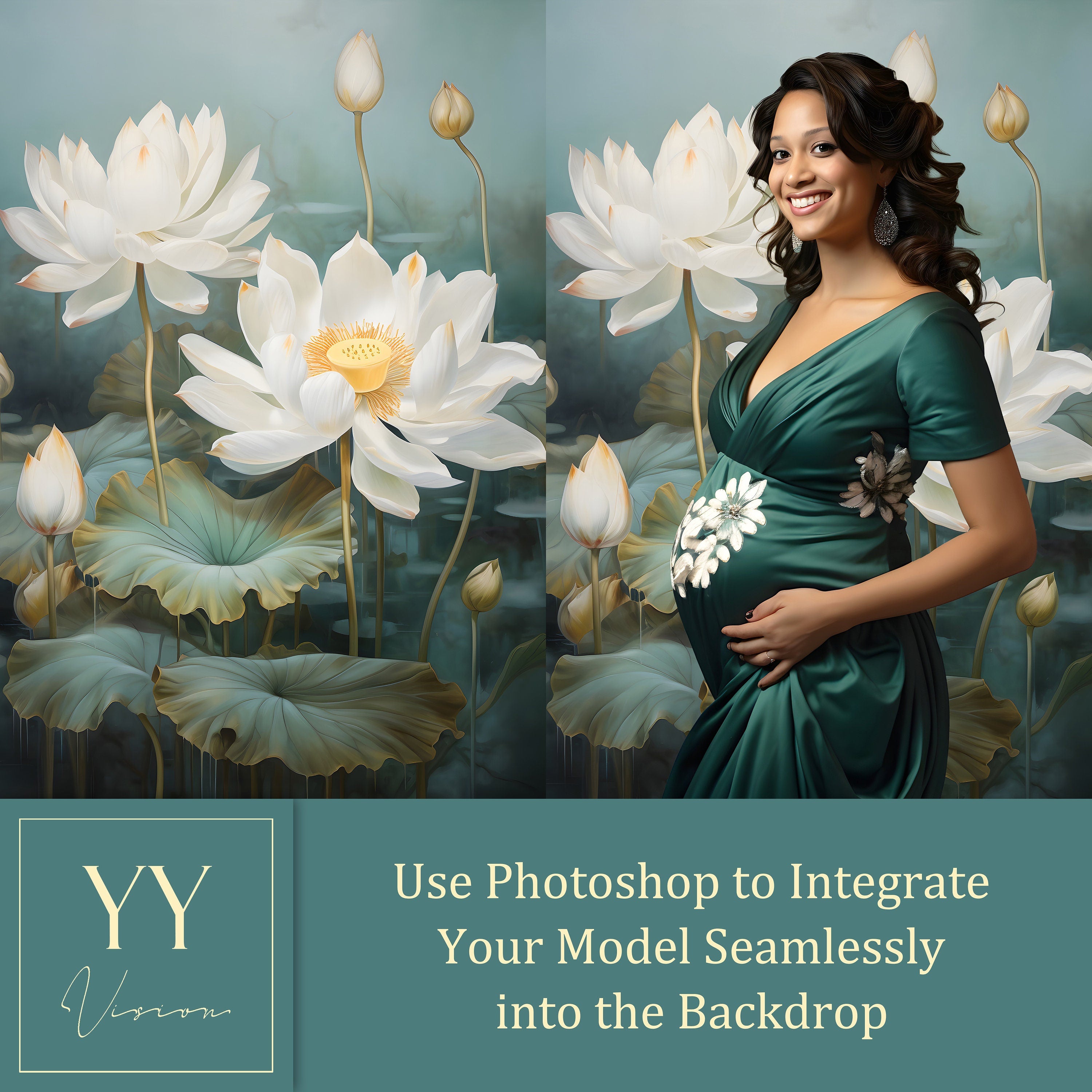 22 Elegant Lotus Portrait Background Navy Gold Digital Backdrops Sets for Maternity Photography Fine Arts Texture Photoshop