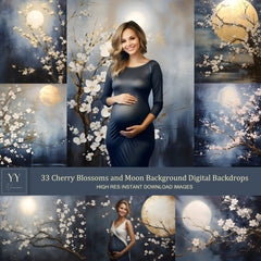 33 Kirschblüten und Mond Portrait Digitaler Hintergrund Navy Gold Sets für Schwangerschaftsfotografie Fine Arts Textur