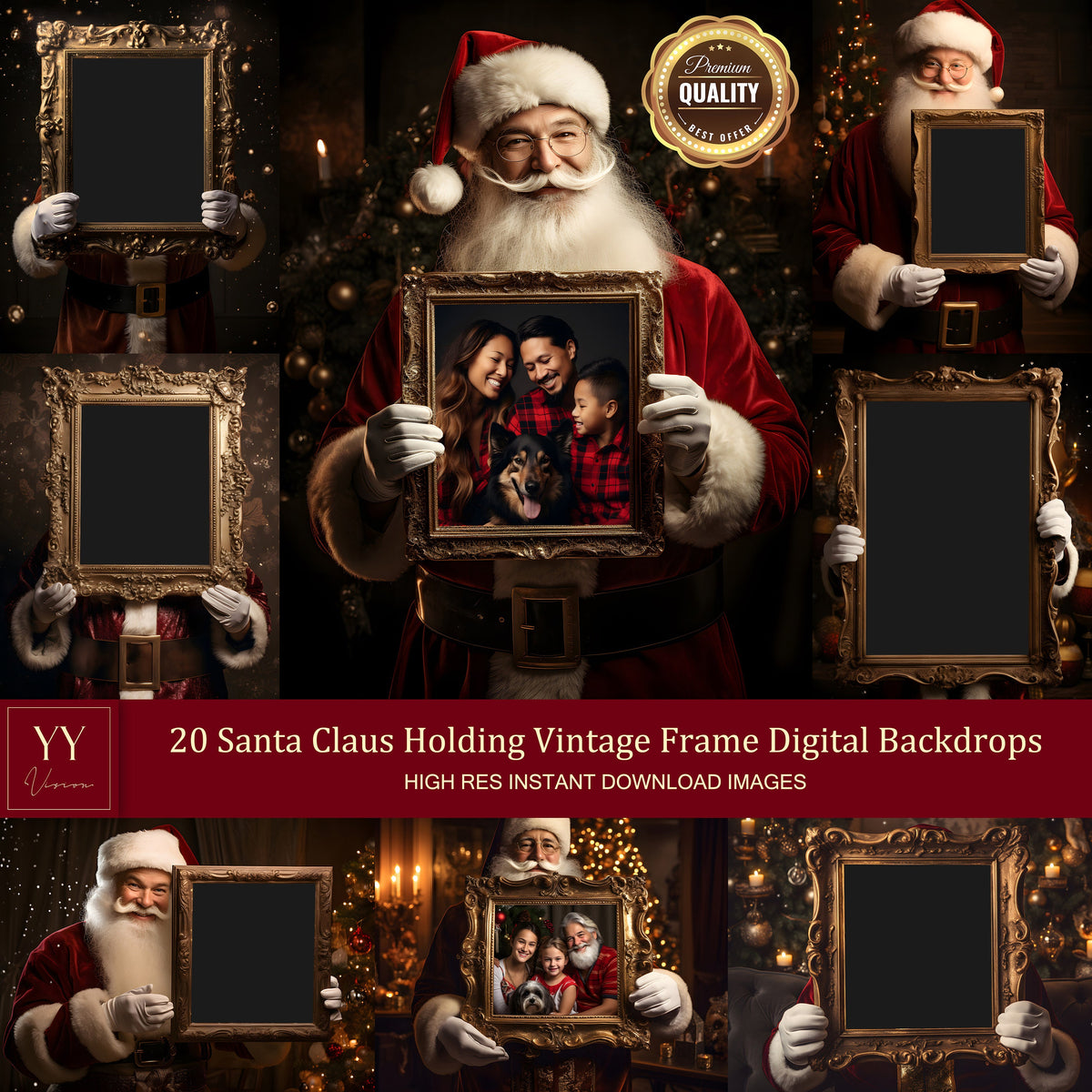 20 Santa Claus Holding Vintage Frame Digital Backdrops Sets for Christmas Gift Family Photography Fine Arts Background