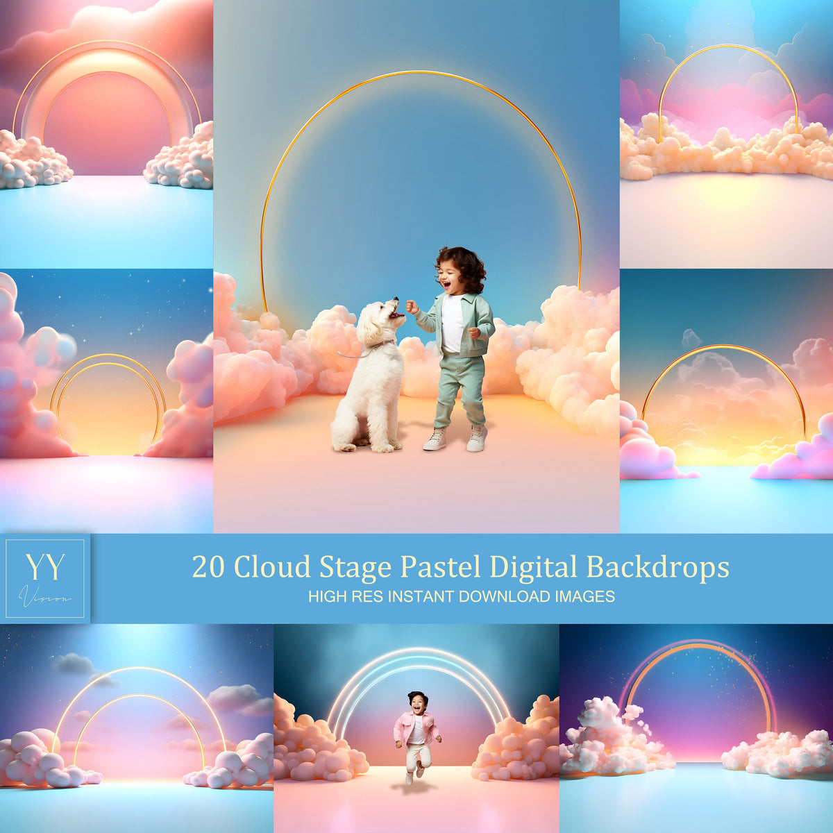 20 Cloud Stage Pastel Digital Backdrops Sets for Christmas Holiday Photography Fine Arts Studio Background