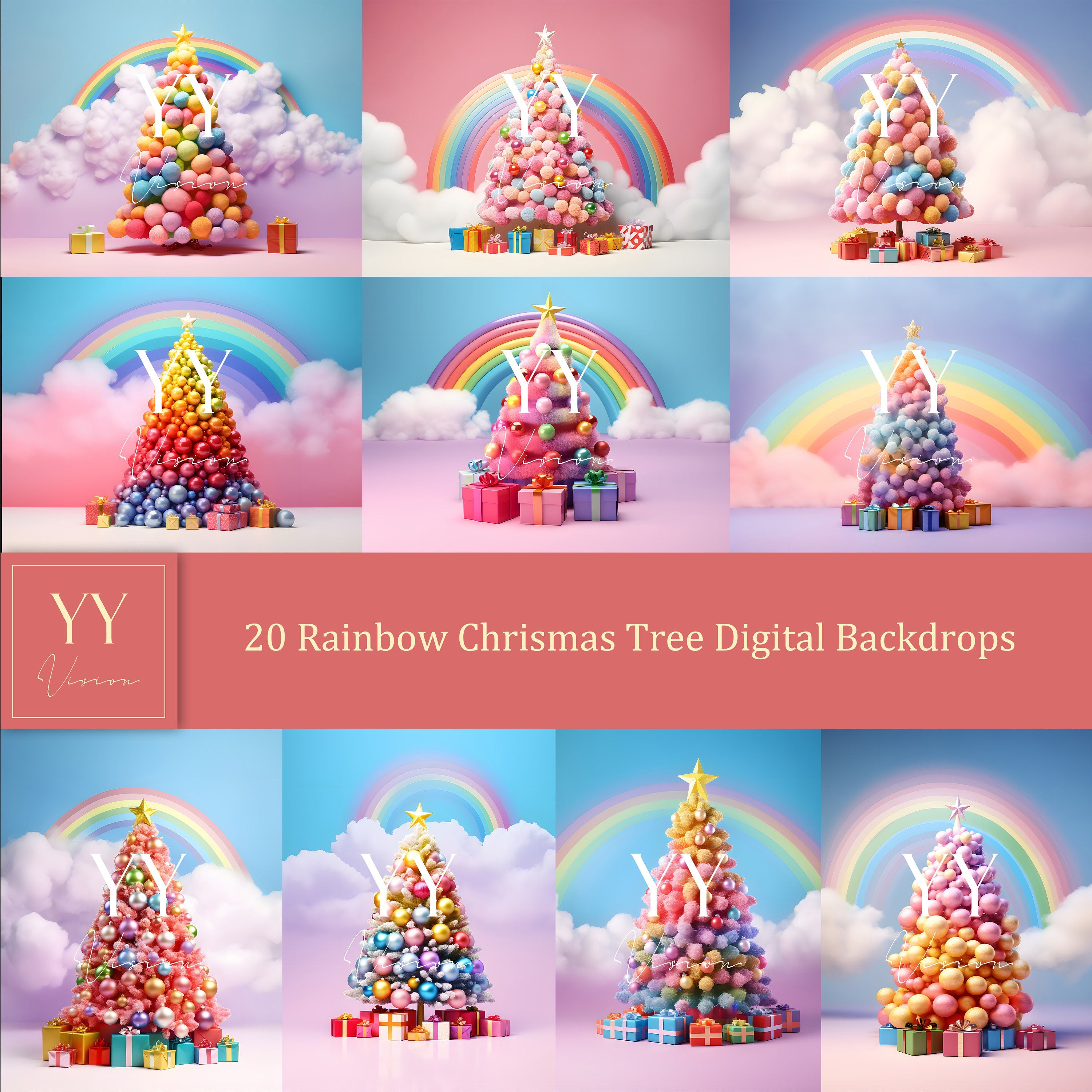 20 Modern Rainbow Christmas Tree Digital Backdrops Sets for Christmas Holiday Photography Fine Arts Studio Background