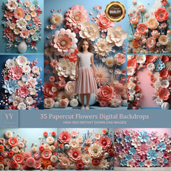 35 Papercut Quilling Flowers Digital Backdrops Sets for Newborn Baby Cake Smash Maternity Photography Fine Arts Studio Photoshop Background