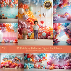 35 Rainbow Balloons Digital Backdrops Sets for Newborn Baby Cake Smash Maternity Photography Fine Arts Studio Photoshop Background