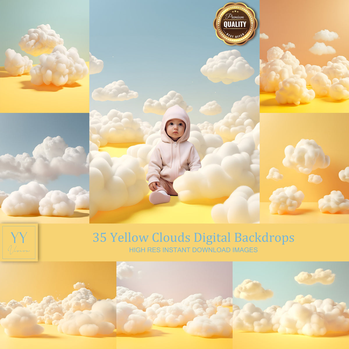 35 Yellow Cloud Digital Backdrops Sets for Newborn Baby Cake Smash Maternity Photography Fine Arts Studio Photoshop overlay