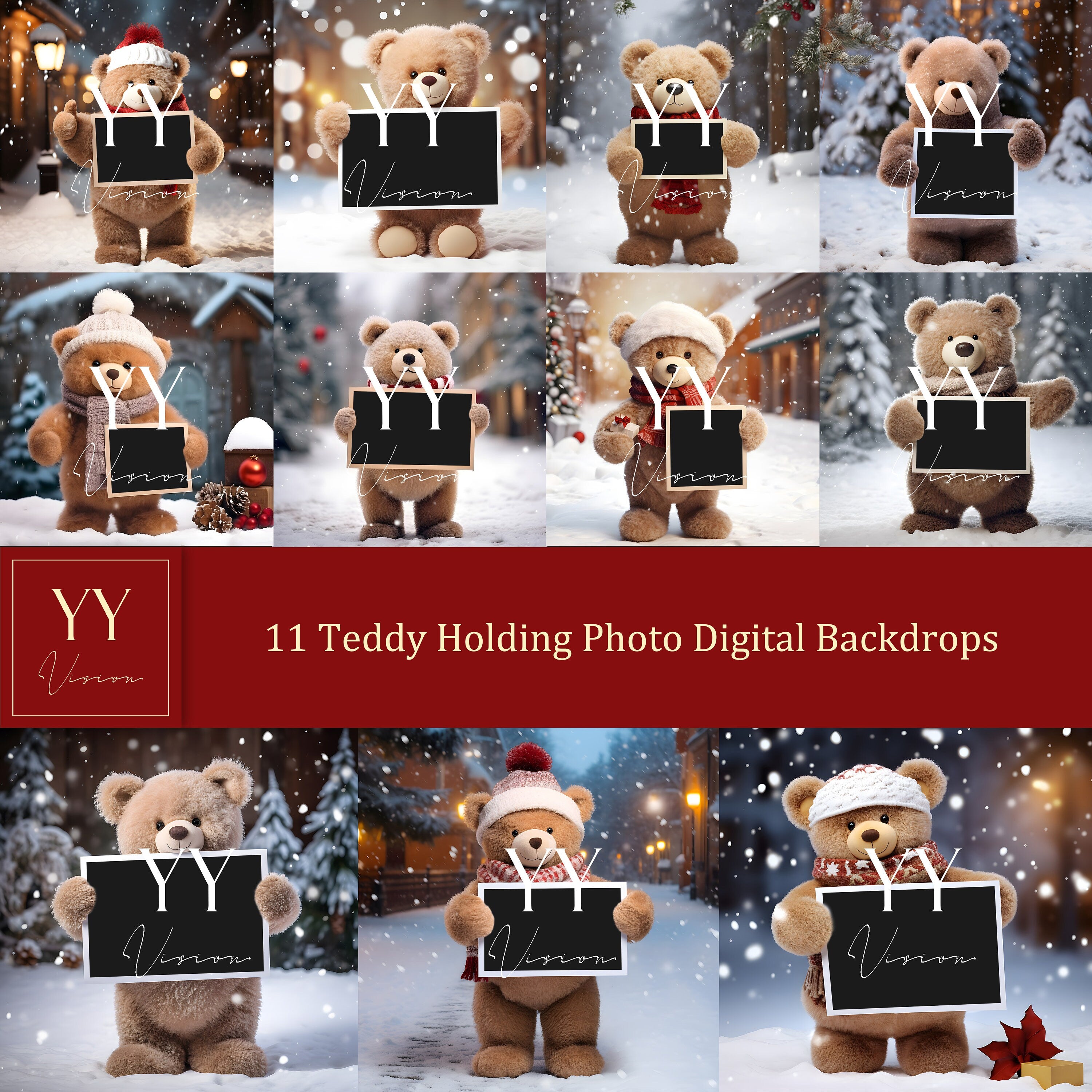 11 Teddy Bear Holding Photo Digital Backdrops Sets for Christmas Gift Family Photography Fine Arts Background