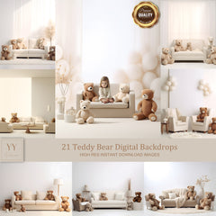 21 Teddy Bears Digital Backdrops Sets for Newborn Baby Cake Smash Maternity Photography Fine Arts Studio Photoshop Background