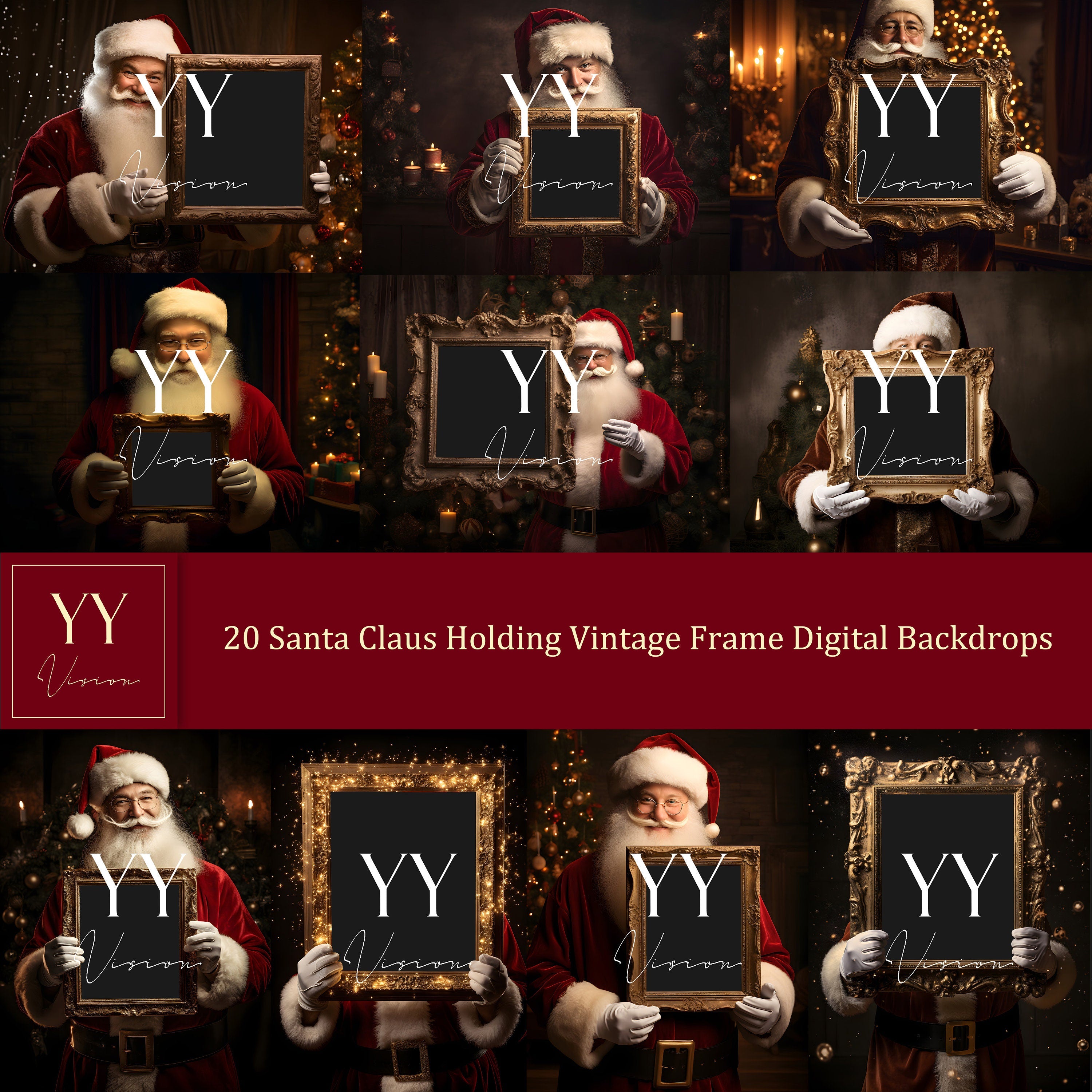 20 Santa Claus Holding Vintage Frame Digital Backdrops Sets for Christmas Gift Family Photography Fine Arts Background