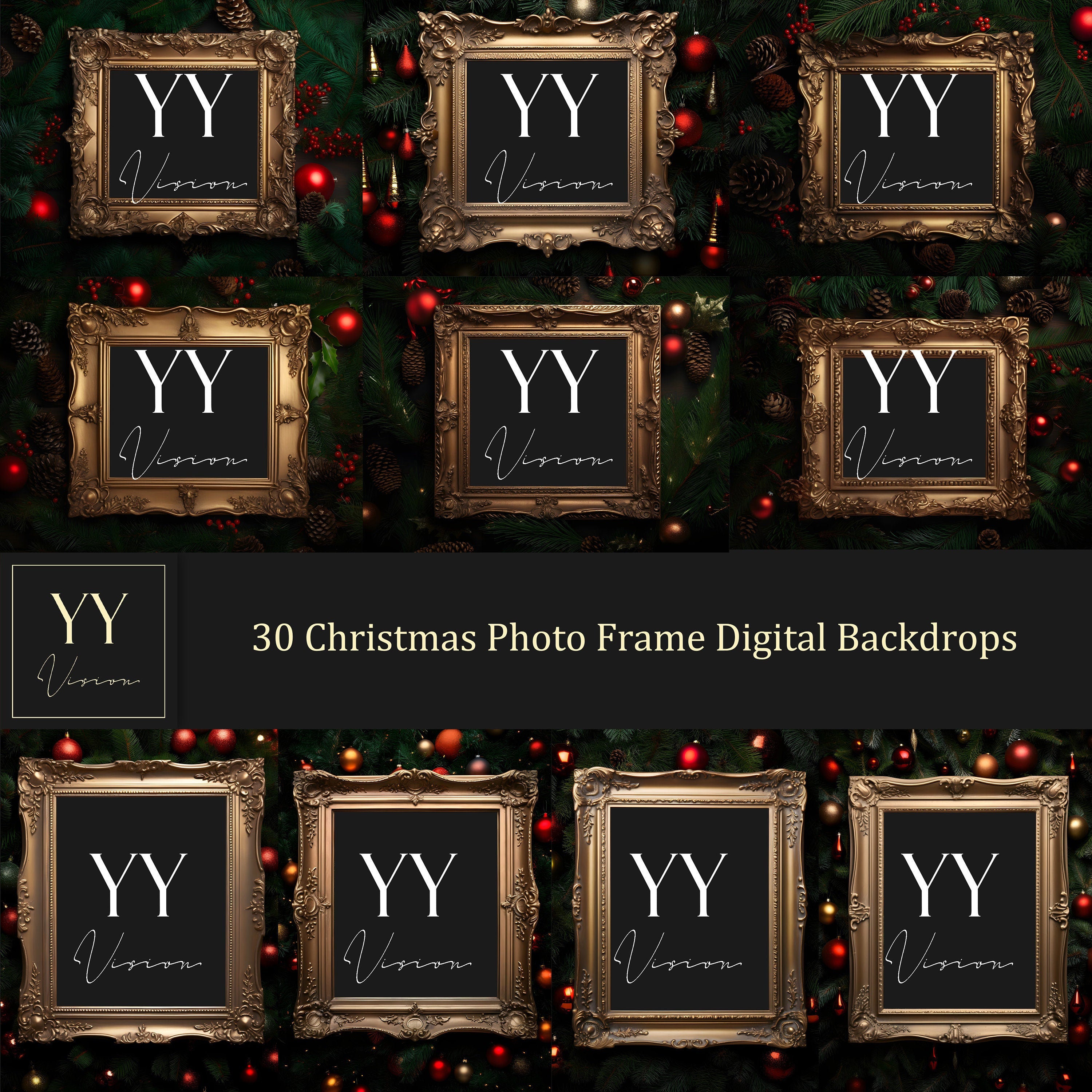 30 Christmas Photo Frame Digital Backdrops Sets for Christmas Gift Family Photography Fine Arts Background