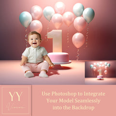 40 1st First Birthday Cake Smash Balloons Digital Backdrops Sets for Newborn Baby Cake Smash Birthday Photography Photoshop Editing