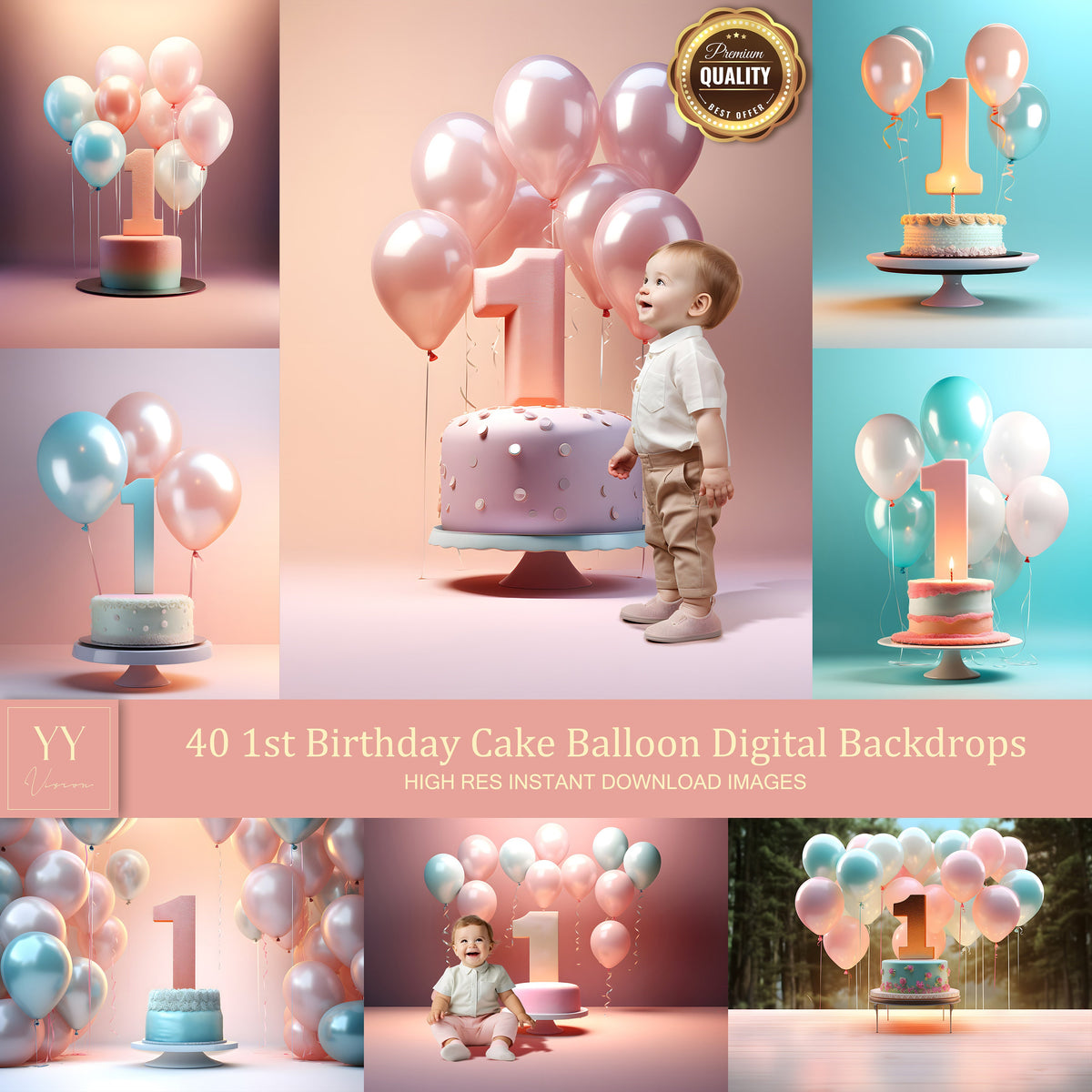 40 1st First Birthday Cake Smash Balloons Digital Backdrops Sets for Newborn Baby Cake Smash Birthday Photography Photoshop Editing