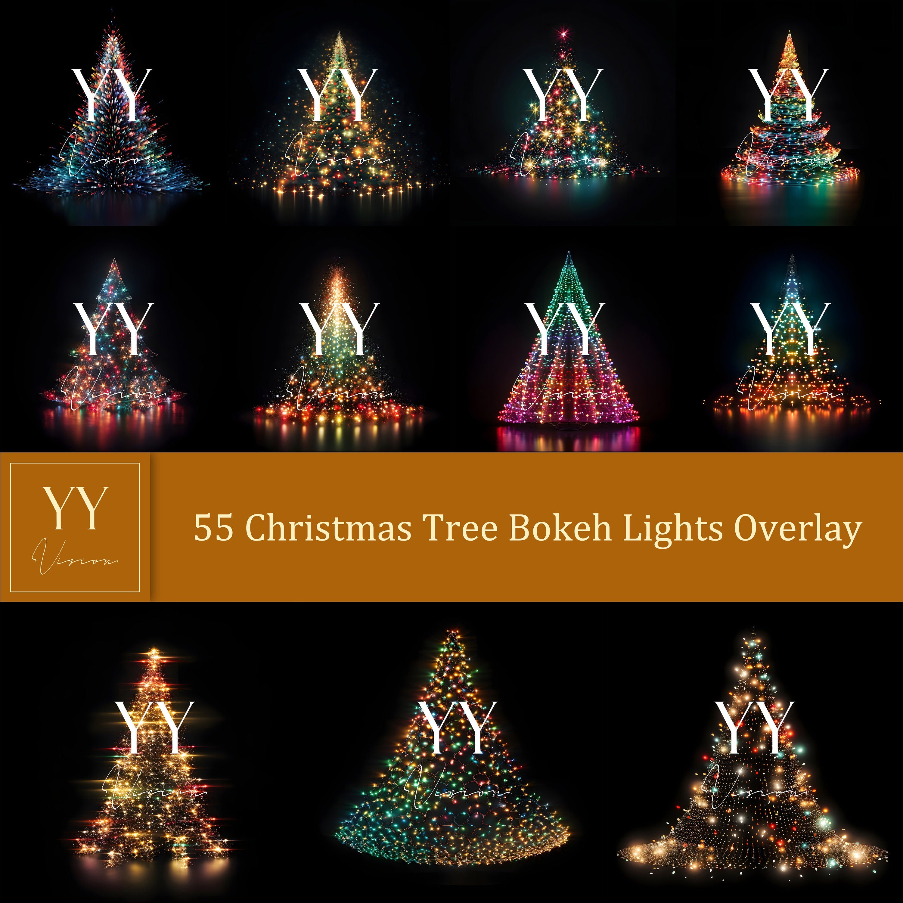 55 Christmas Tree Bokeh lights Overlays Sets for Winter Christmas Holiday Photography Fine Arts Studio Photoshop