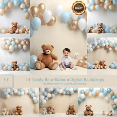 14 Teddybären &amp; Ballon blau digitale Hintergründe Sets Neugeborenen Baby Cake Smash Mutterschaft Fotografie Fine Arts Studio Photoshop Overlay