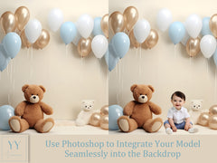 14 Teddybären &amp; Ballon blau digitale Hintergründe Sets Neugeborenen Baby Cake Smash Mutterschaft Fotografie Fine Arts Studio Photoshop Overlay