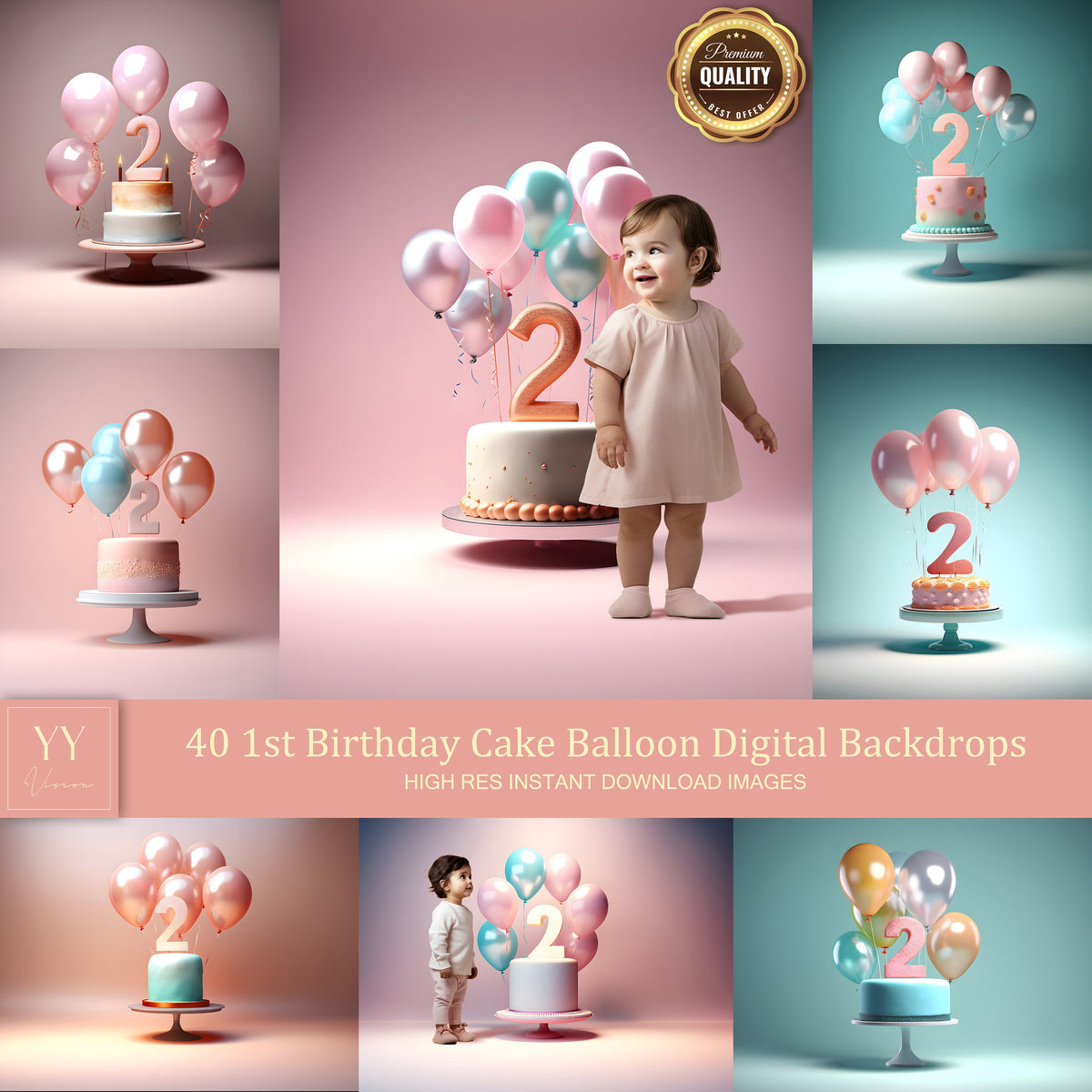 40 2nd Second Birthday Cake Smash Balloons Digital Backdrops Sets for Newborn Baby Cake Smash Birthday Photography Photoshop Editing