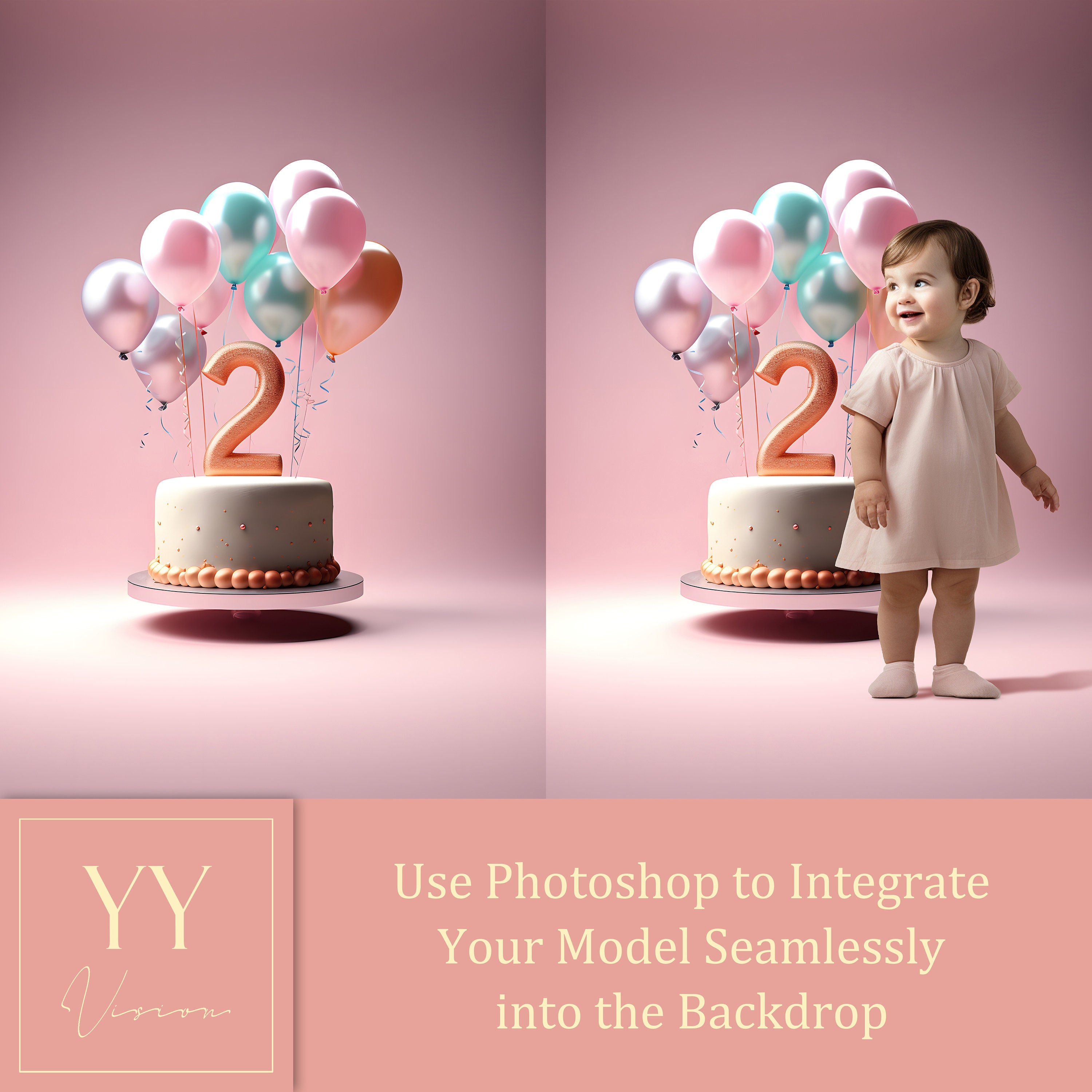 40 2nd Second Birthday Cake Smash Balloons Digital Backdrops Sets for Newborn Baby Cake Smash Birthday Photography Photoshop Editing