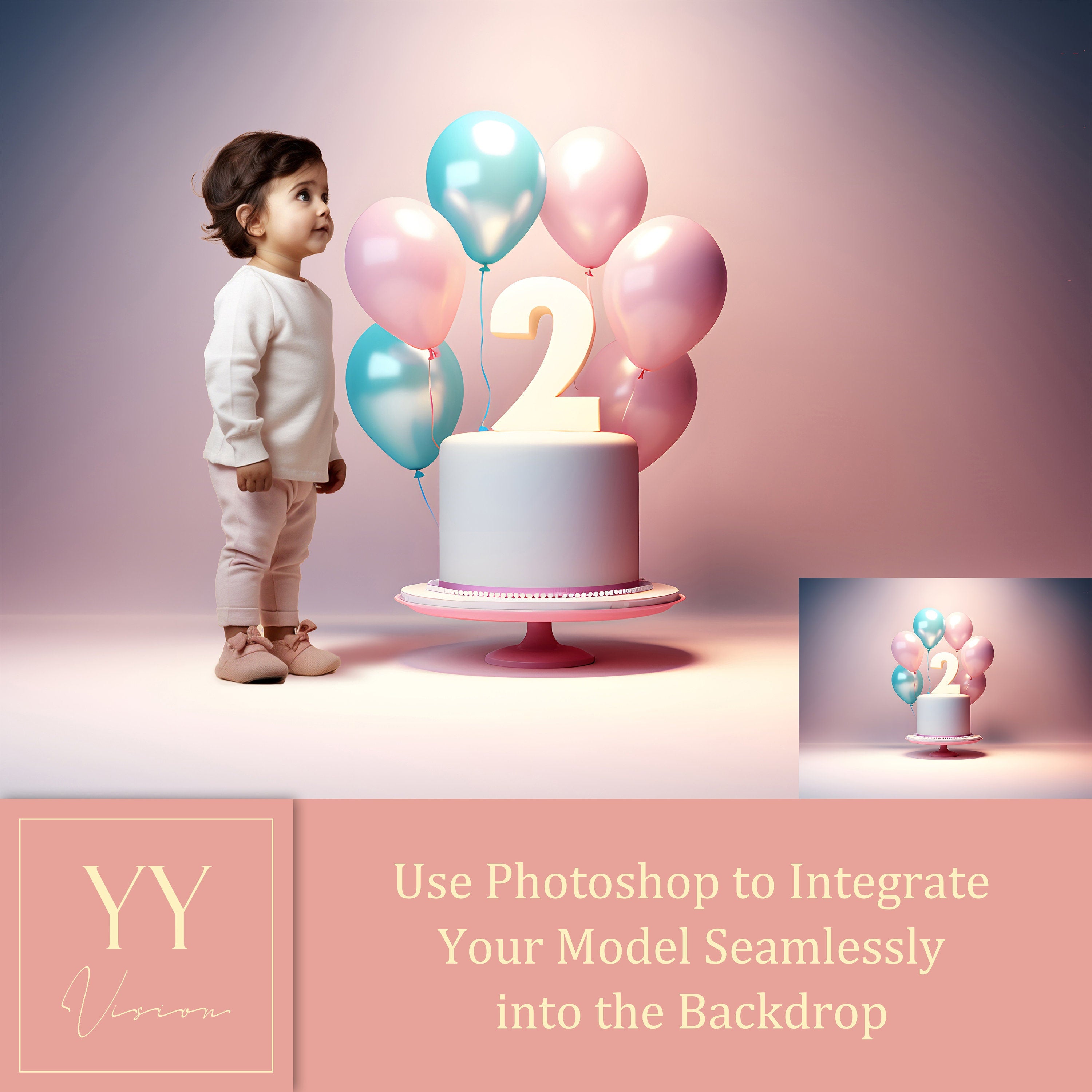 40 2nd Second Birthday Cake Smash Balloons Digital Backdrops Sets for Newborn Baby Cake Smash Birthday Photography Photoshop Editing