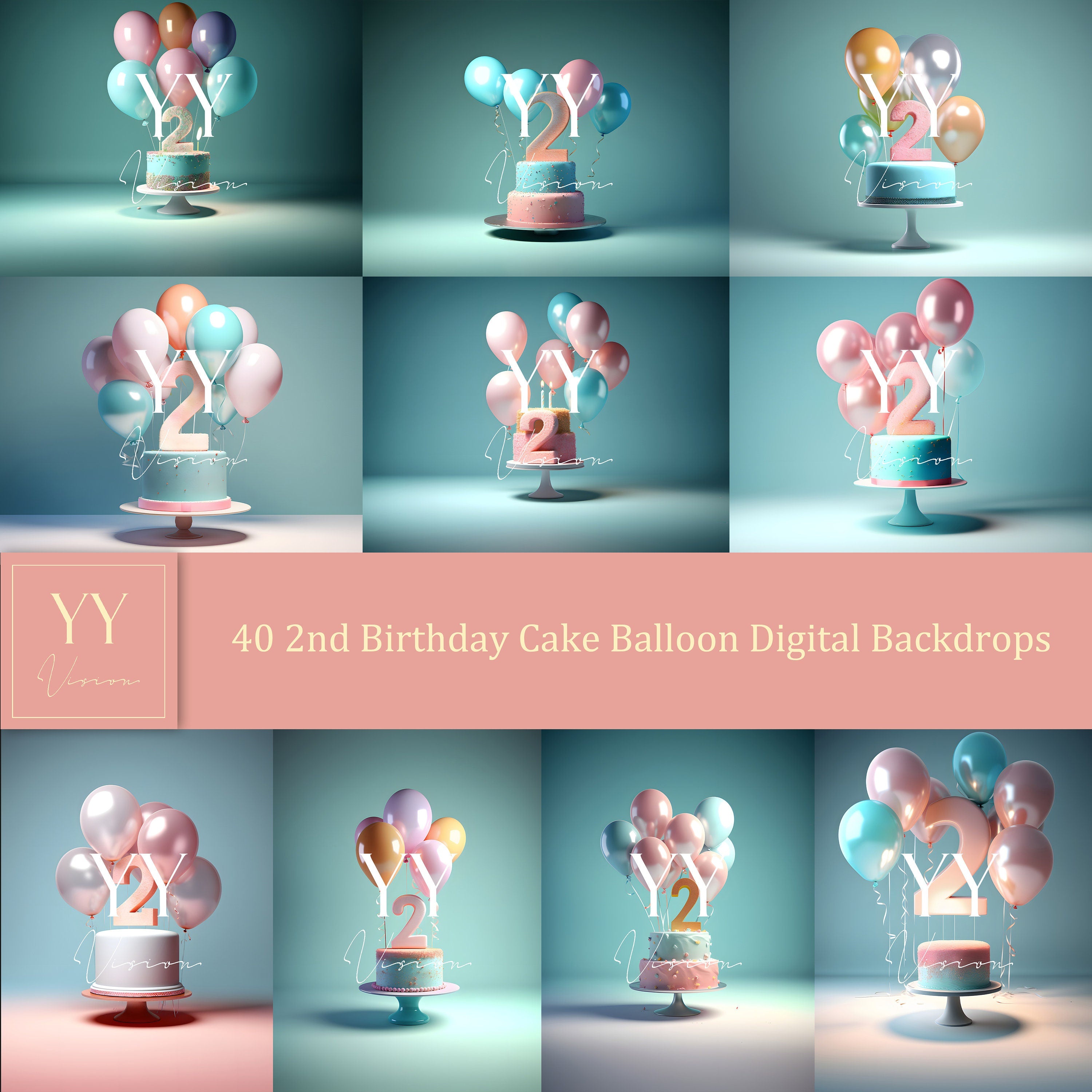 40 2nd Second Birthday Cake Smash Balloons Digital Backdrops Sets for Newborn Baby Cake Smash Birthday Photography Photoshop Editing