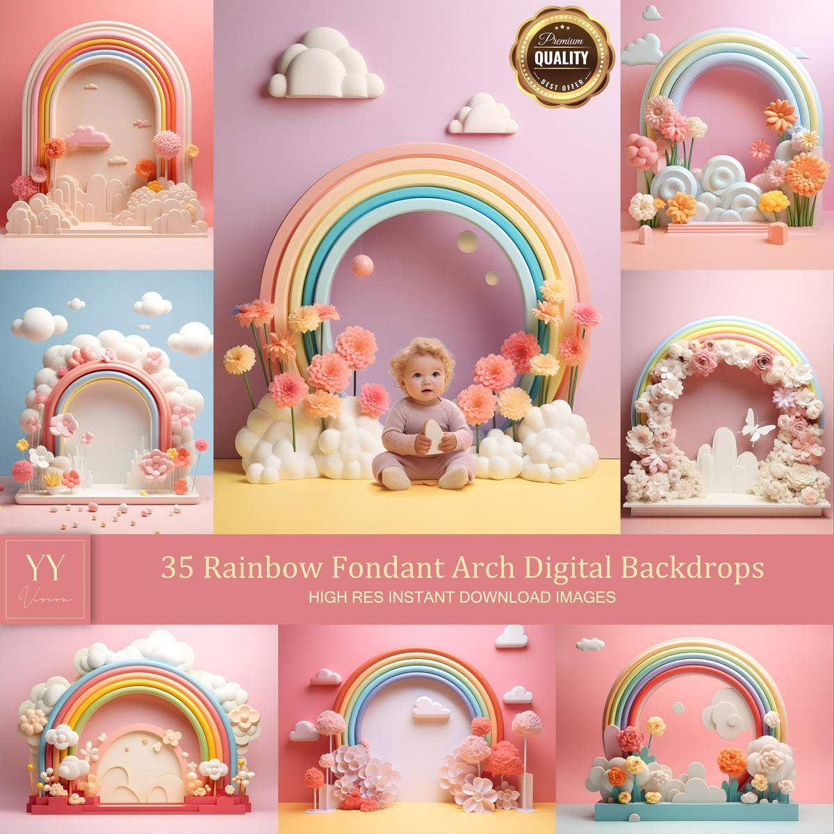 35 ensembles de décors numériques en forme d'arche en fondant arc-en-ciel pour la photographie de maternité de nouveau-né et de bébé, superposition Photoshop en studio de beaux-arts