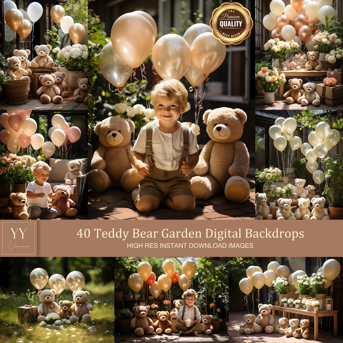 40 Teddy Bears Birthday Garden Digital Backdrops Sets for Baby Birthday Photography Fine Arts Studio Photoshop Background