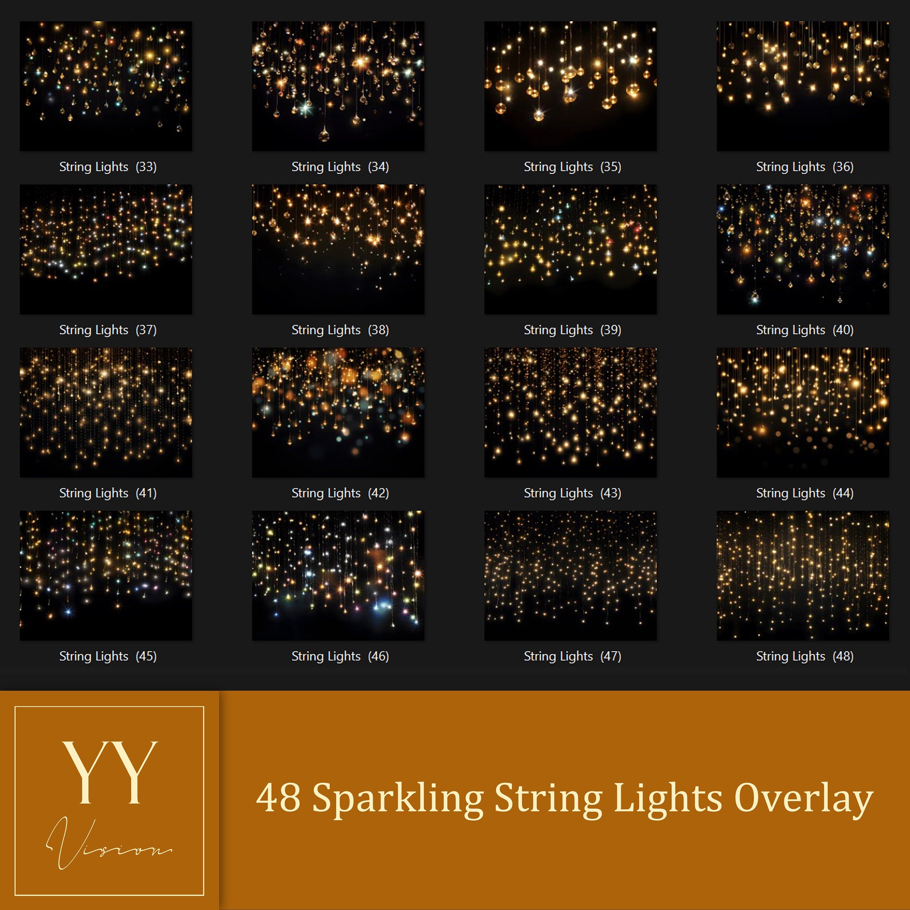 48 Sparkling string lights Overlays Sets for Winter Christmas Holiday Photography Fine Arts Studio Photoshop