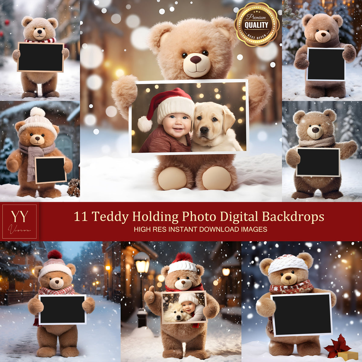 11 Teddy Bear Holding Photo Digital Backdrops Sets for Christmas Gift Family Photography Fine Arts Background