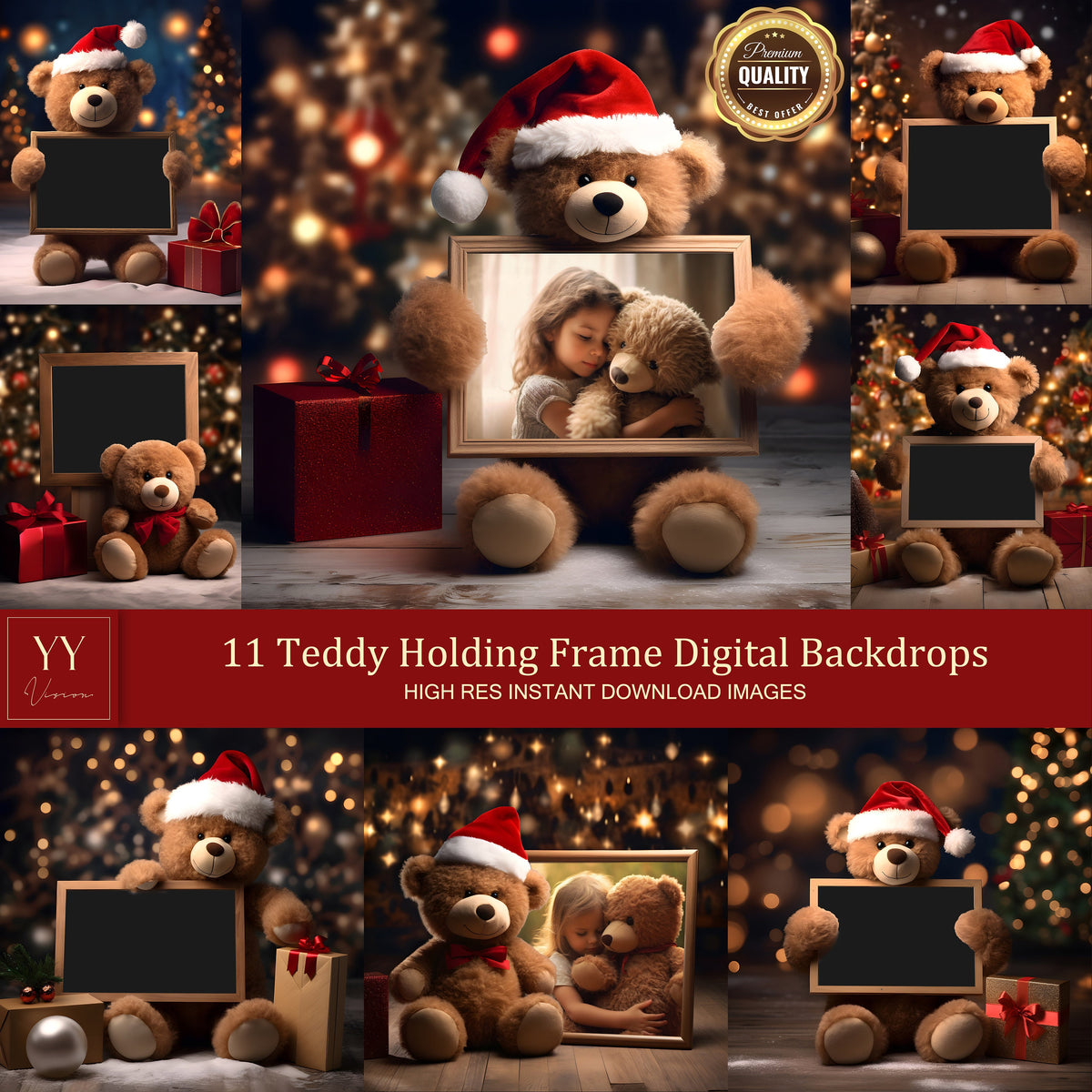 11 Teddy Bear Holding Frame Digital Backdrops Sets for Christmas Gift Family Photography Fine Arts Background