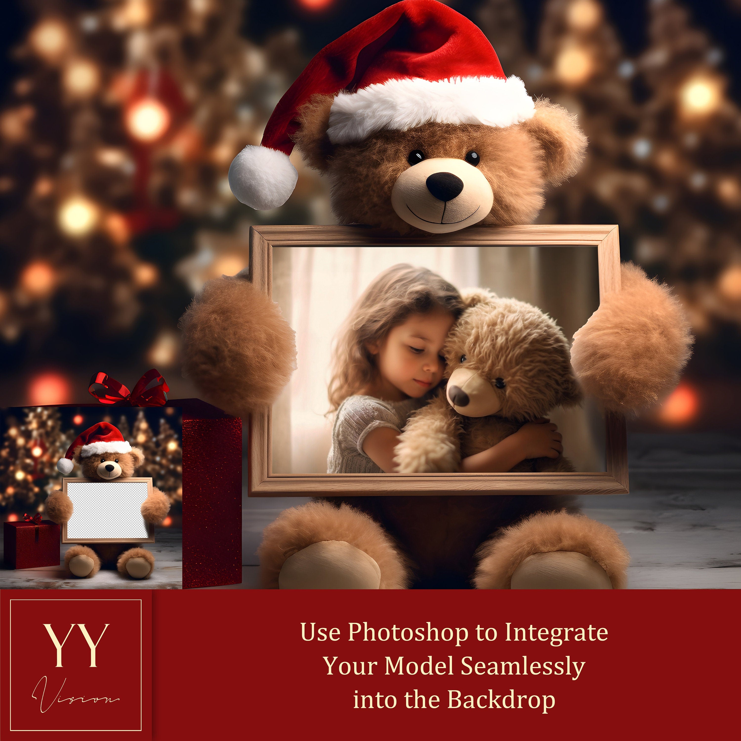 11 Teddy Bear Holding Frame Digital Backdrops Sets for Christmas Gift Family Photography Fine Arts Background