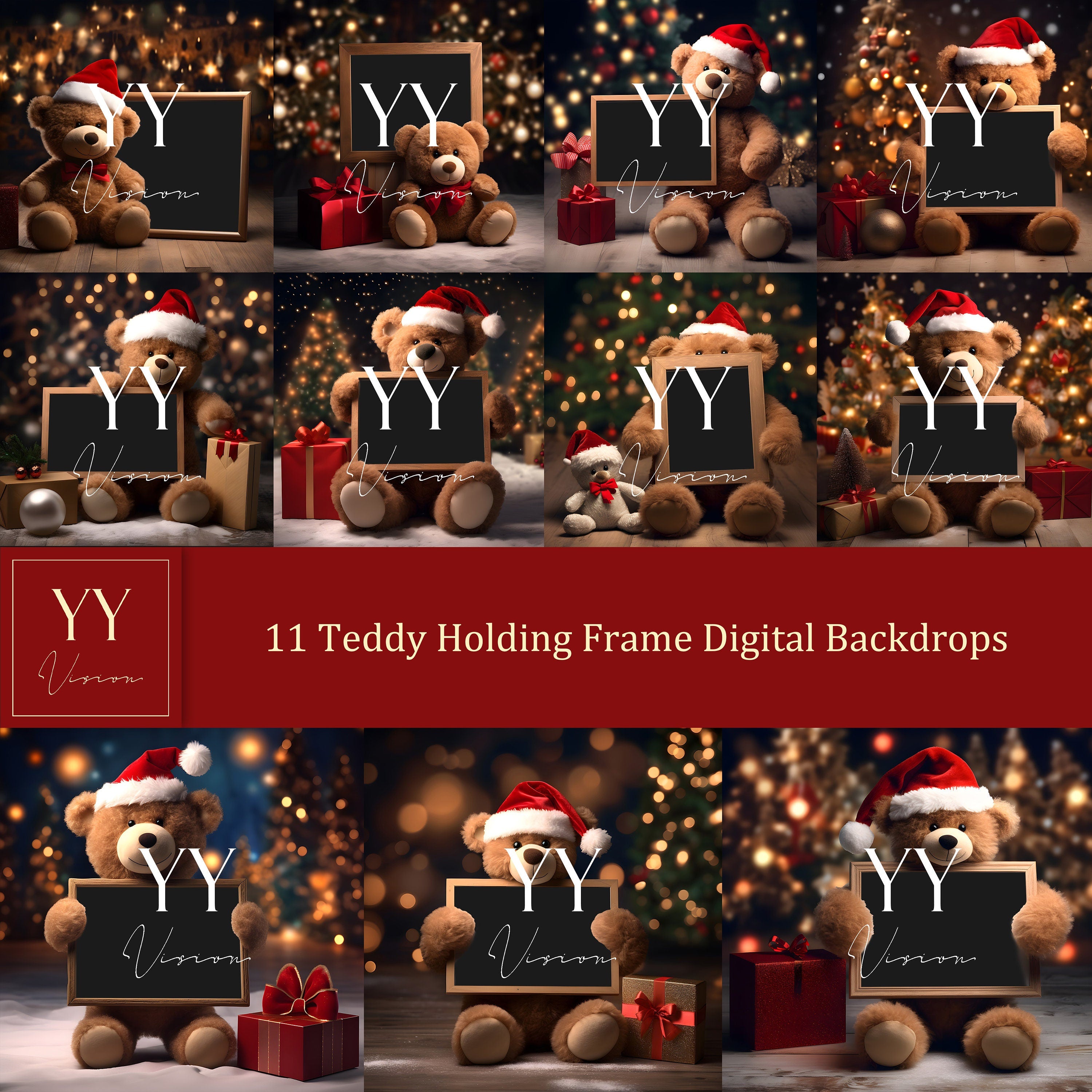 11 Teddy Bear Holding Frame Digital Backdrops Sets for Christmas Gift Family Photography Fine Arts Background