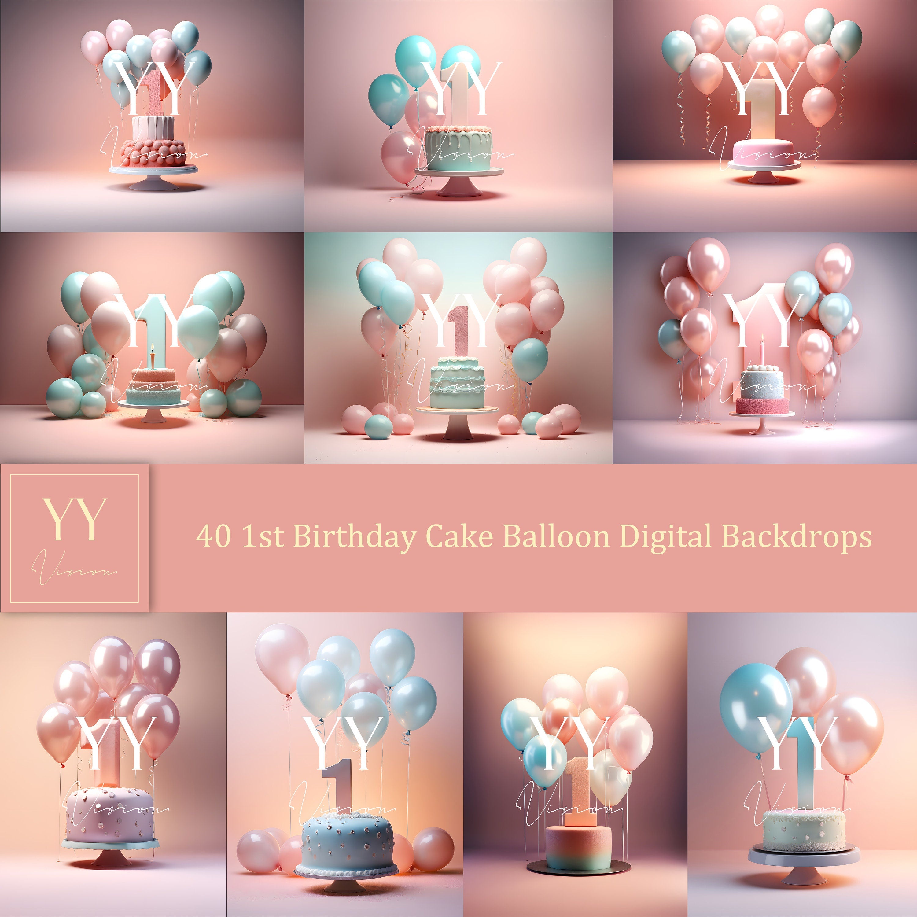 40 1st First Birthday Cake Smash Balloons Digital Backdrops Sets for Newborn Baby Cake Smash Birthday Photography Photoshop Editing