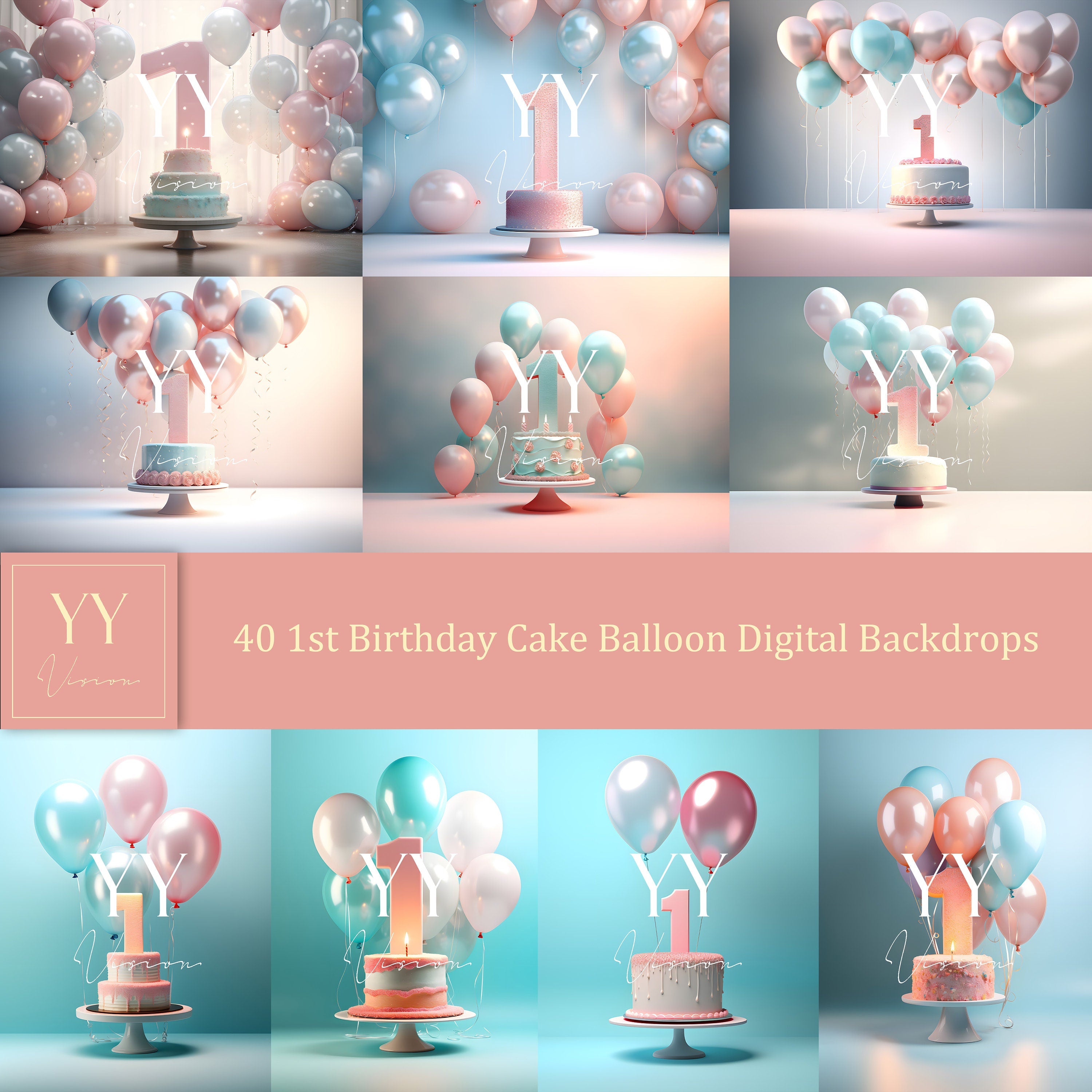 40 1st First Birthday Cake Smash Balloons Digital Backdrops Sets for Newborn Baby Cake Smash Birthday Photography Photoshop Editing