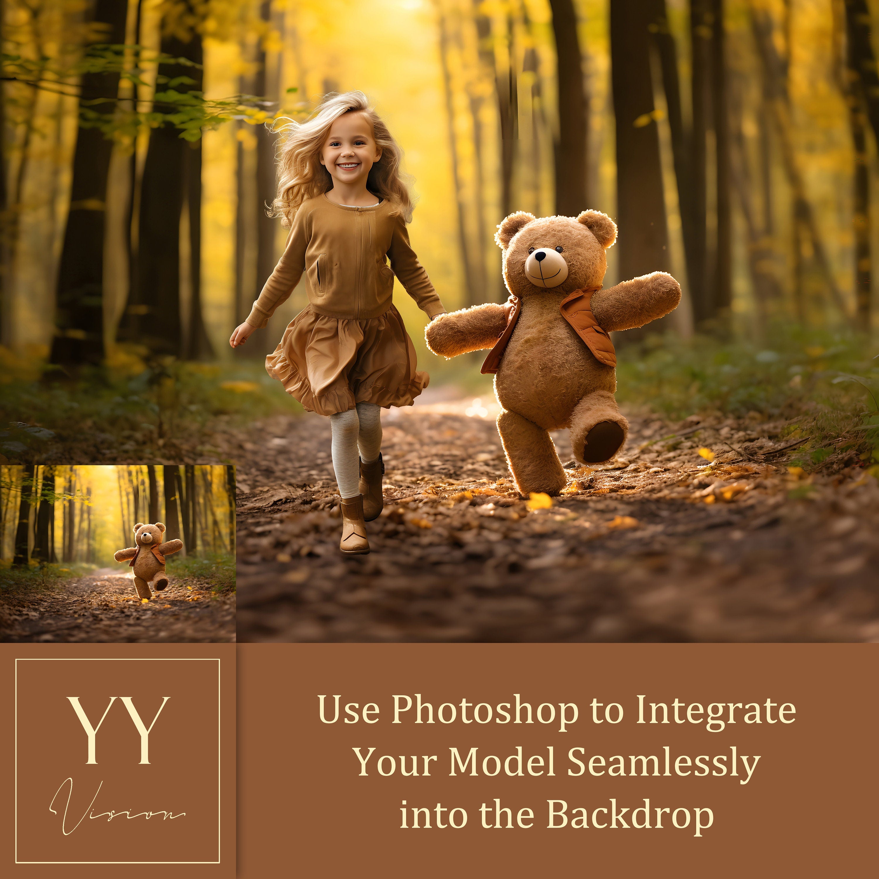 27 Teddy Bear Walking in the Forest Digital Backdrops Sets for Kids Holiday Photography Fine Arts Studio Photoshop Editing