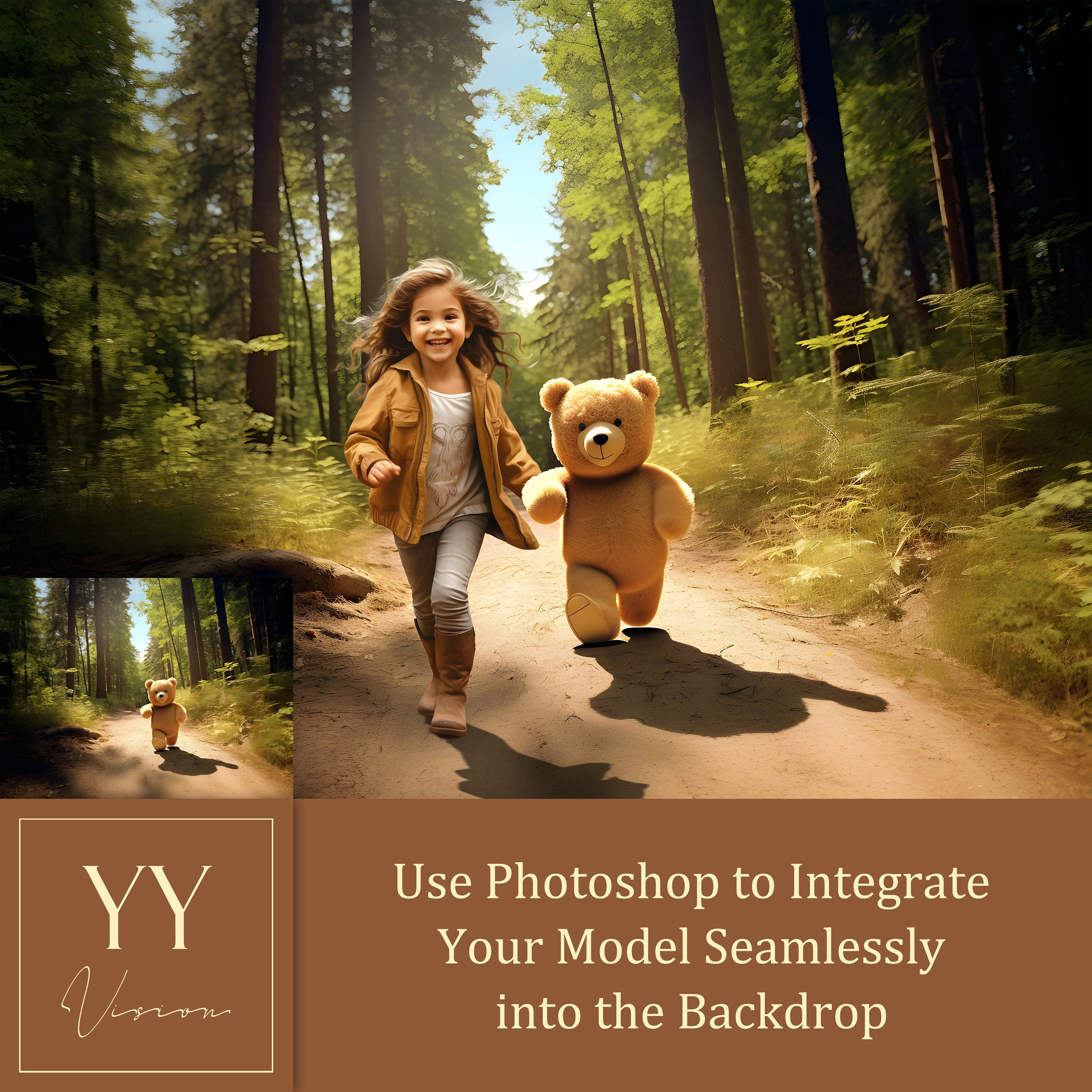 27 Teddy Bear Walking in the Forest Digital Backdrops Sets for Kids Holiday Photography Fine Arts Studio Photoshop Editing