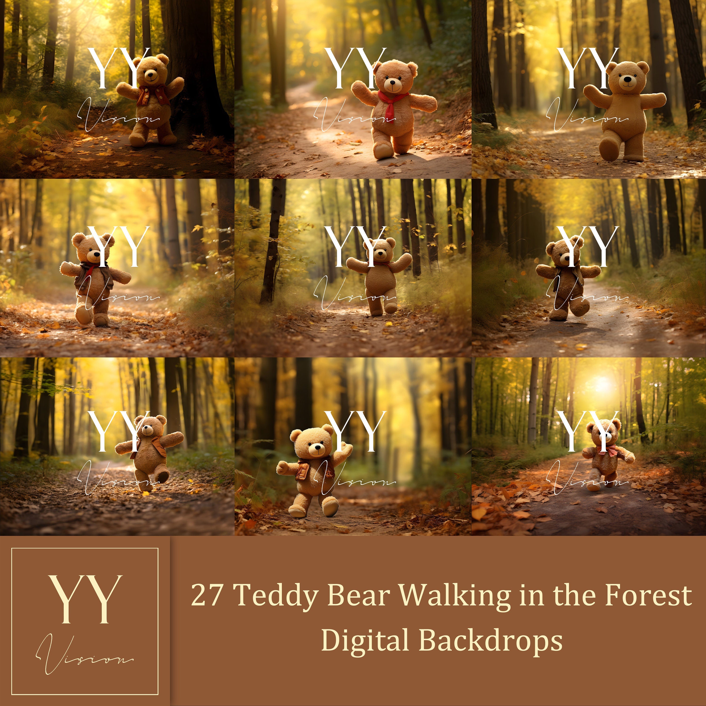 27 Teddy Bear Walking in the Forest Digital Backdrops Sets for Kids Holiday Photography Fine Arts Studio Photoshop Editing