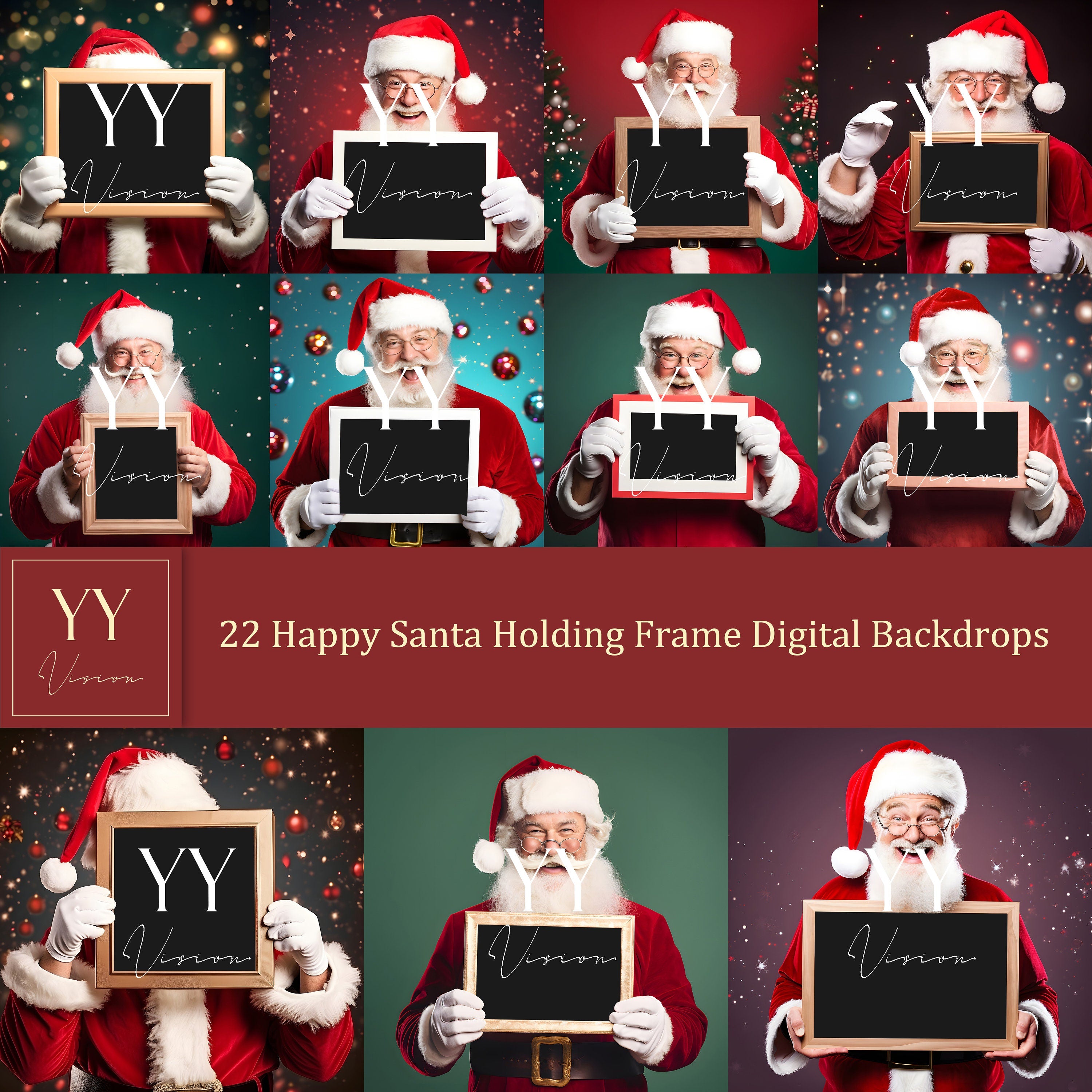 22 Happy Santa Claus Holding Frame Digital Backdrops Sets for Christmas Gift Family Photography Fine Arts Background