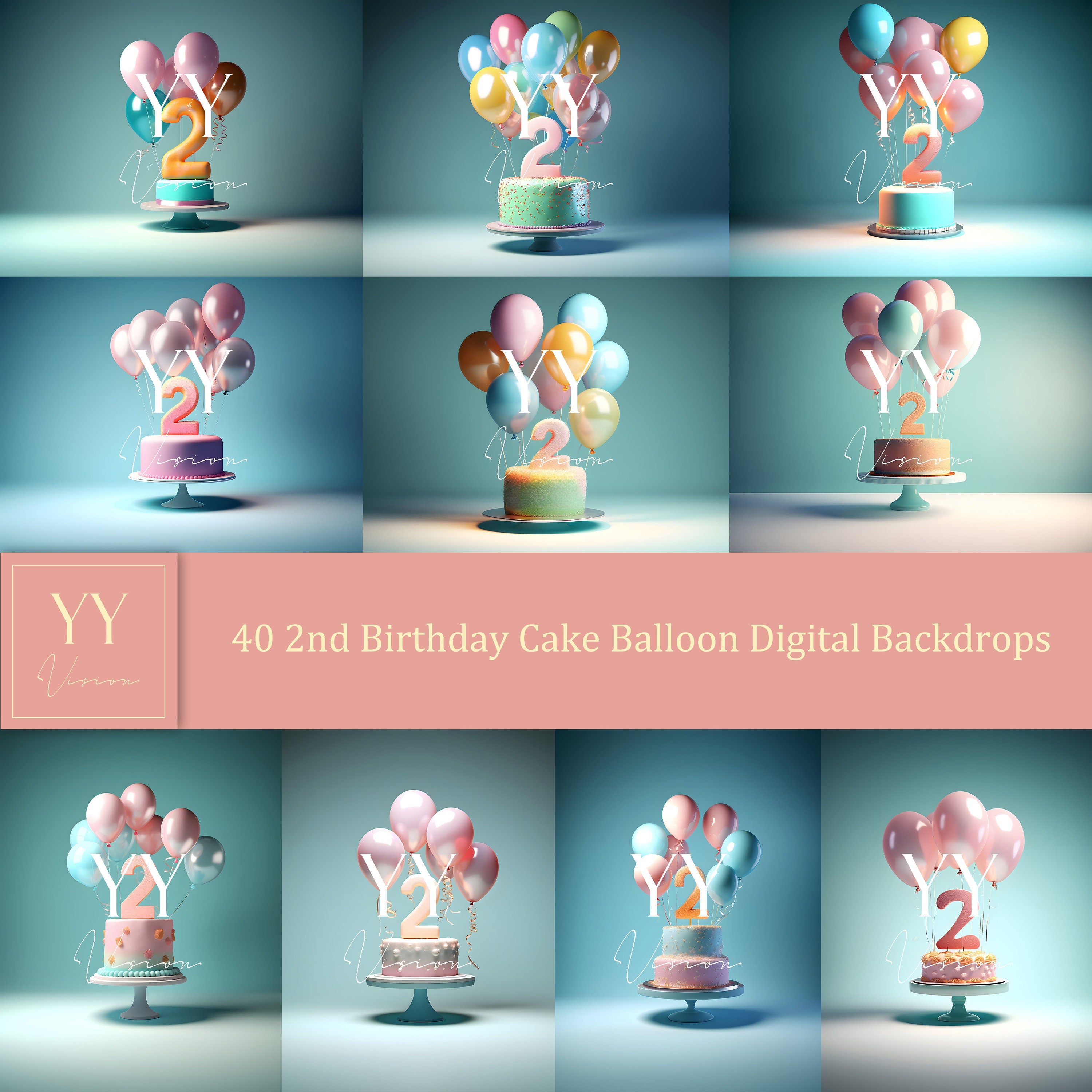 40 2nd Second Birthday Cake Smash Balloons Digital Backdrops Sets for Newborn Baby Cake Smash Birthday Photography Photoshop Editing