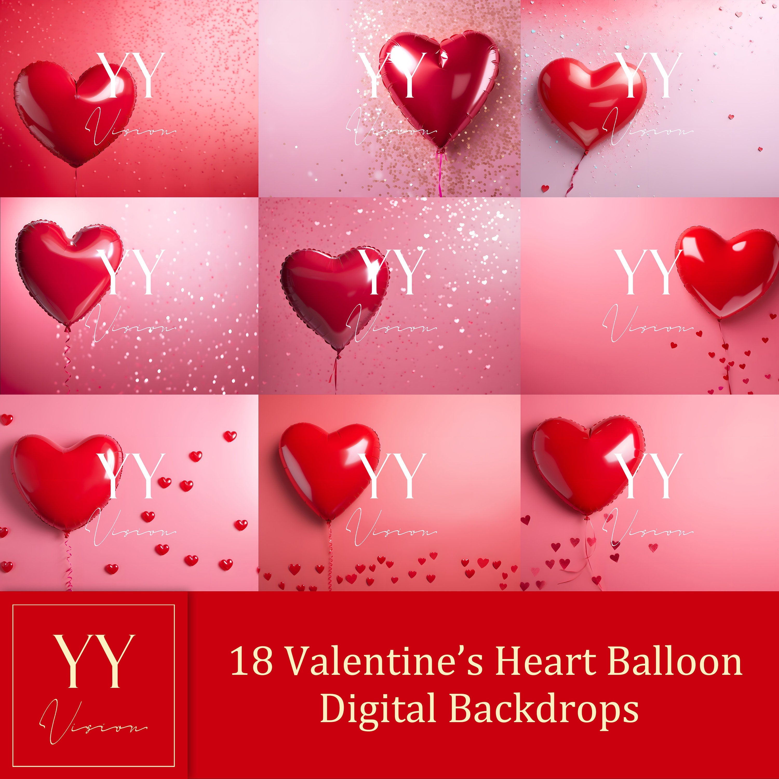 18 Herz-Ballon-Digital-Hintergründe-Sets für Valentinstag Geschenk Fotografie Fine Arts Studio Photoshop Hintergrund