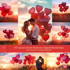 30 Valentine Sunset Heart Balloons Digital Backdrops Sets for Valentine Day Gift Photography Fine Arts Studio photoshop Background