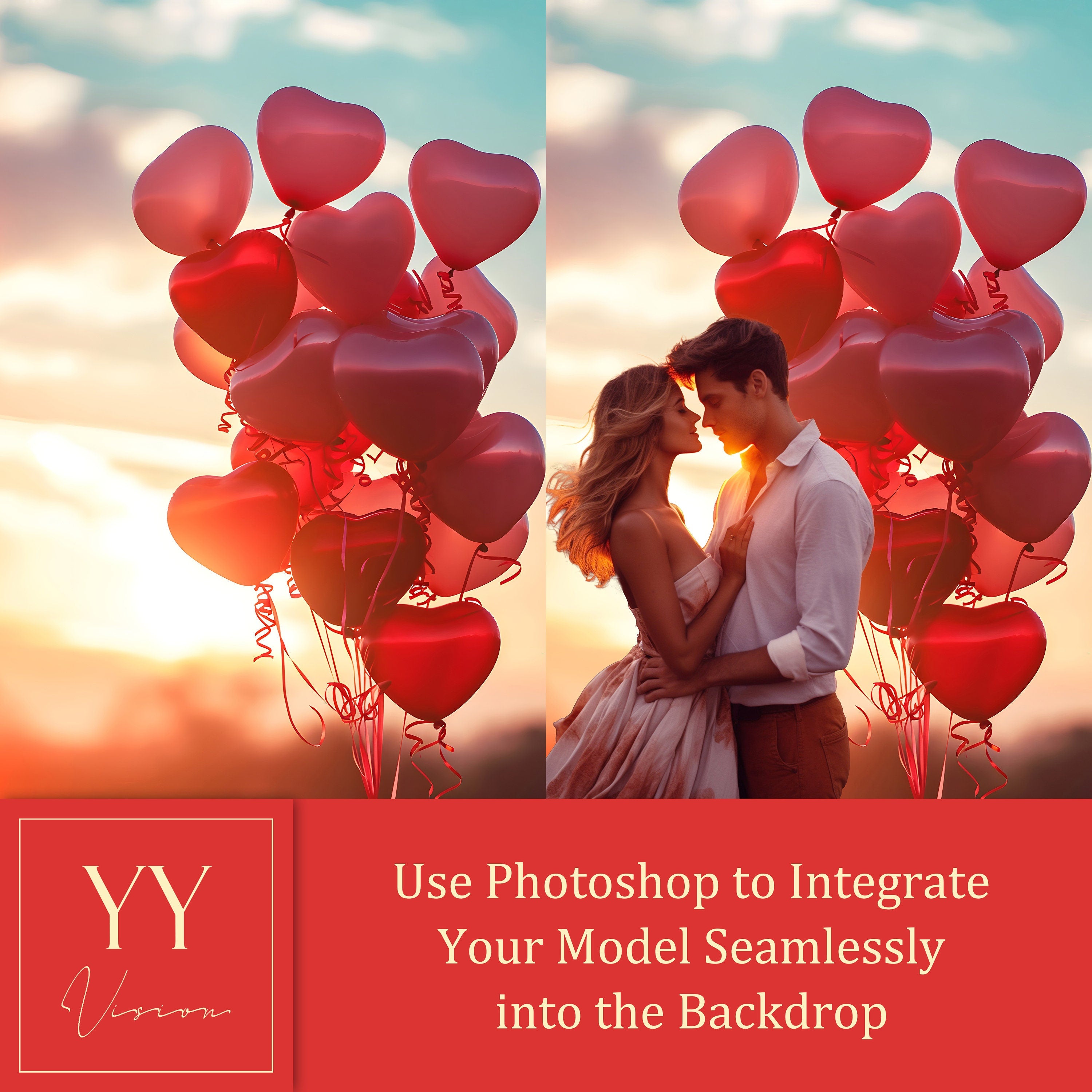 30 Valentinstag Sonnenuntergang Herz Luftballons digitale Hintergründe Sets für Valentinstag Geschenk Fotografie Fine Arts Studio Photoshop Hintergrund