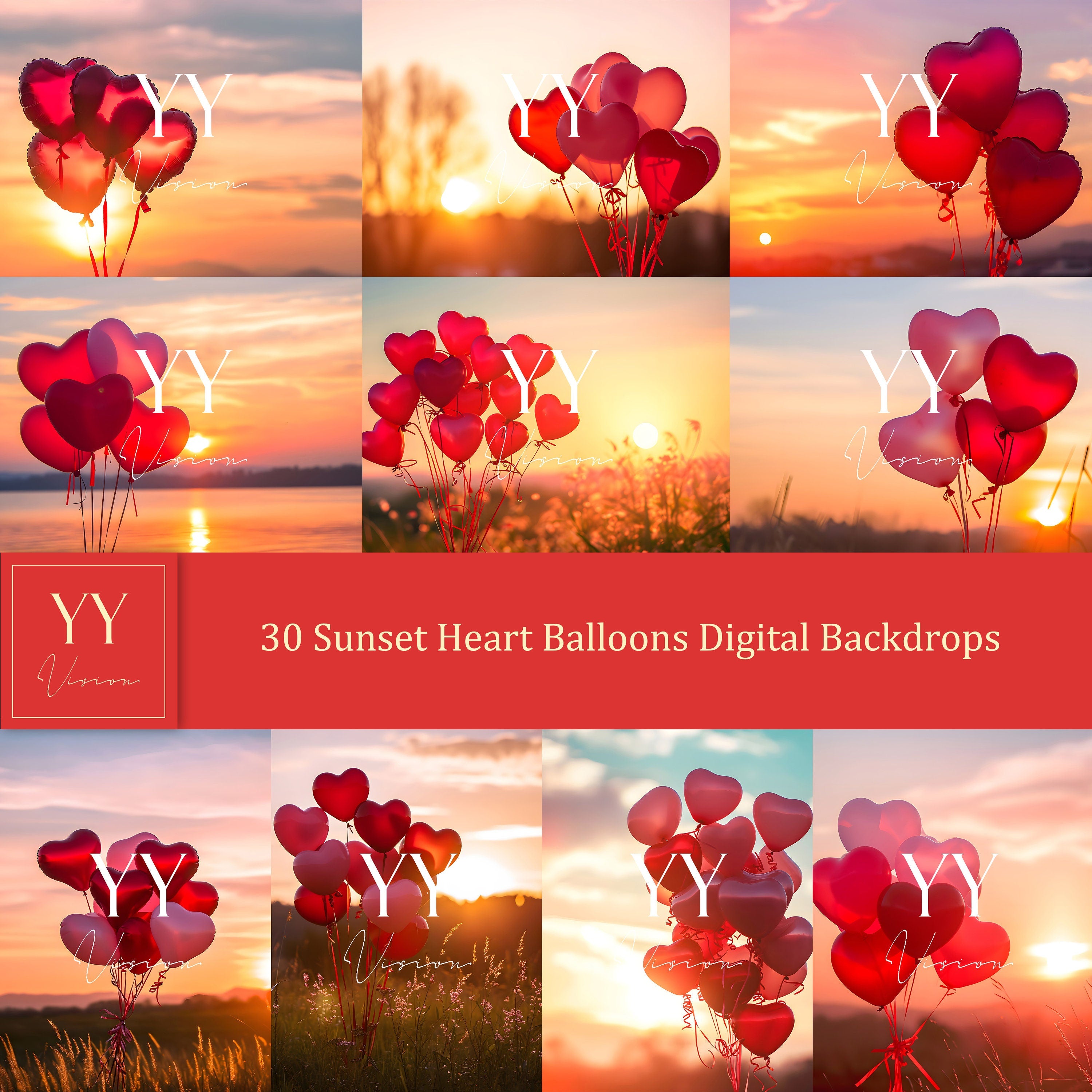 30 Valentine Sunset Heart Balloons Digital Backdrops Sets for Valentine Day Gift Photography Fine Arts Studio photoshop Background