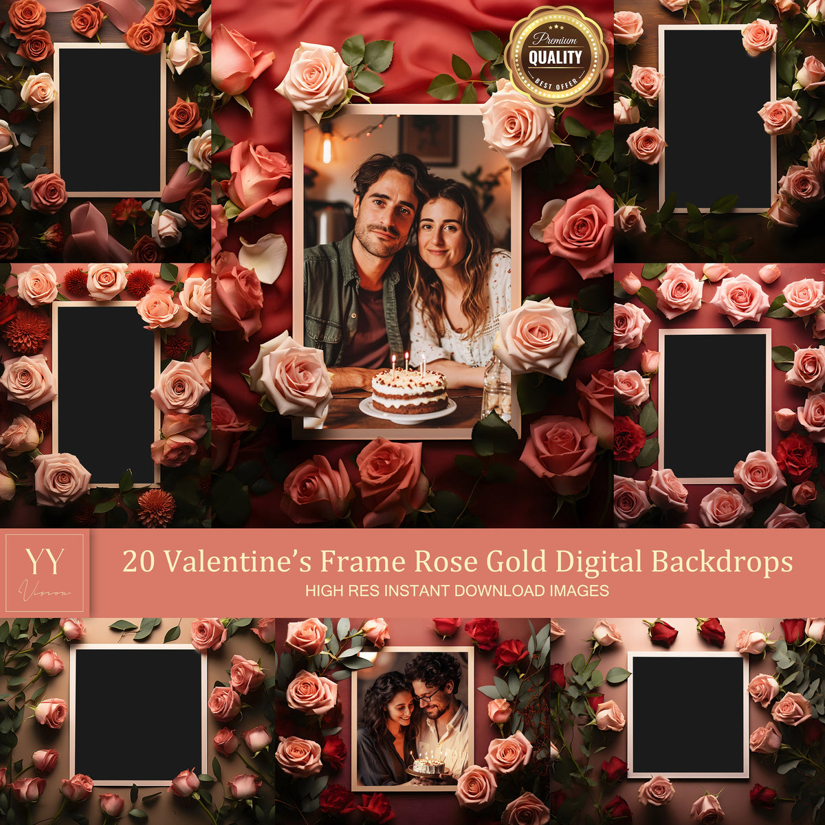 20 ensembles de décors numériques en or rose pour la Saint-Valentin, cadre pour amoureux, pour cadeau de Saint-Valentin, photographie de famille, beaux-arts