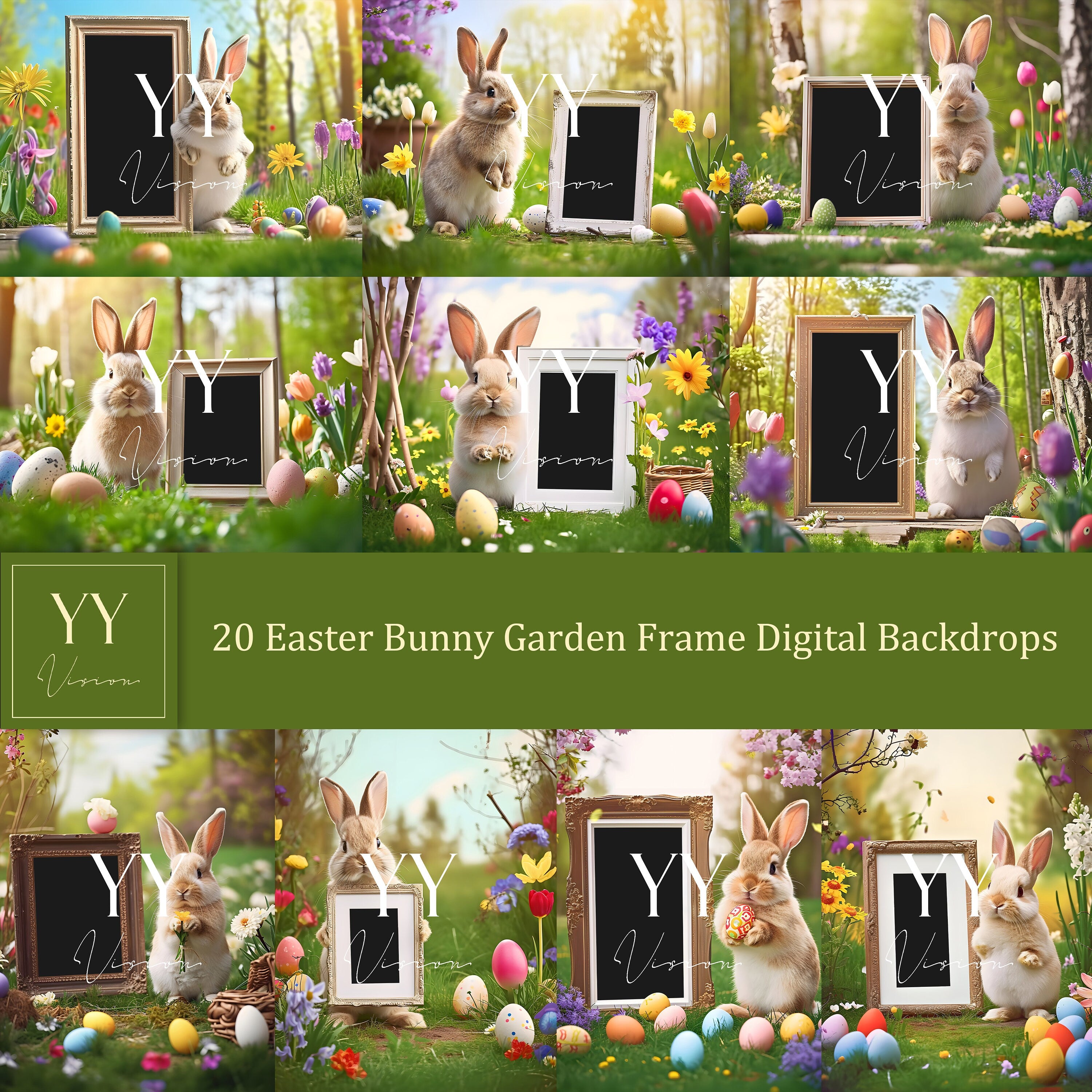 20 ensembles de décors numériques de cadre de jardin de lapin de Pâques pour cadeau de Pâques, photographie de famille d'enfants, arrière-plan des beaux-arts